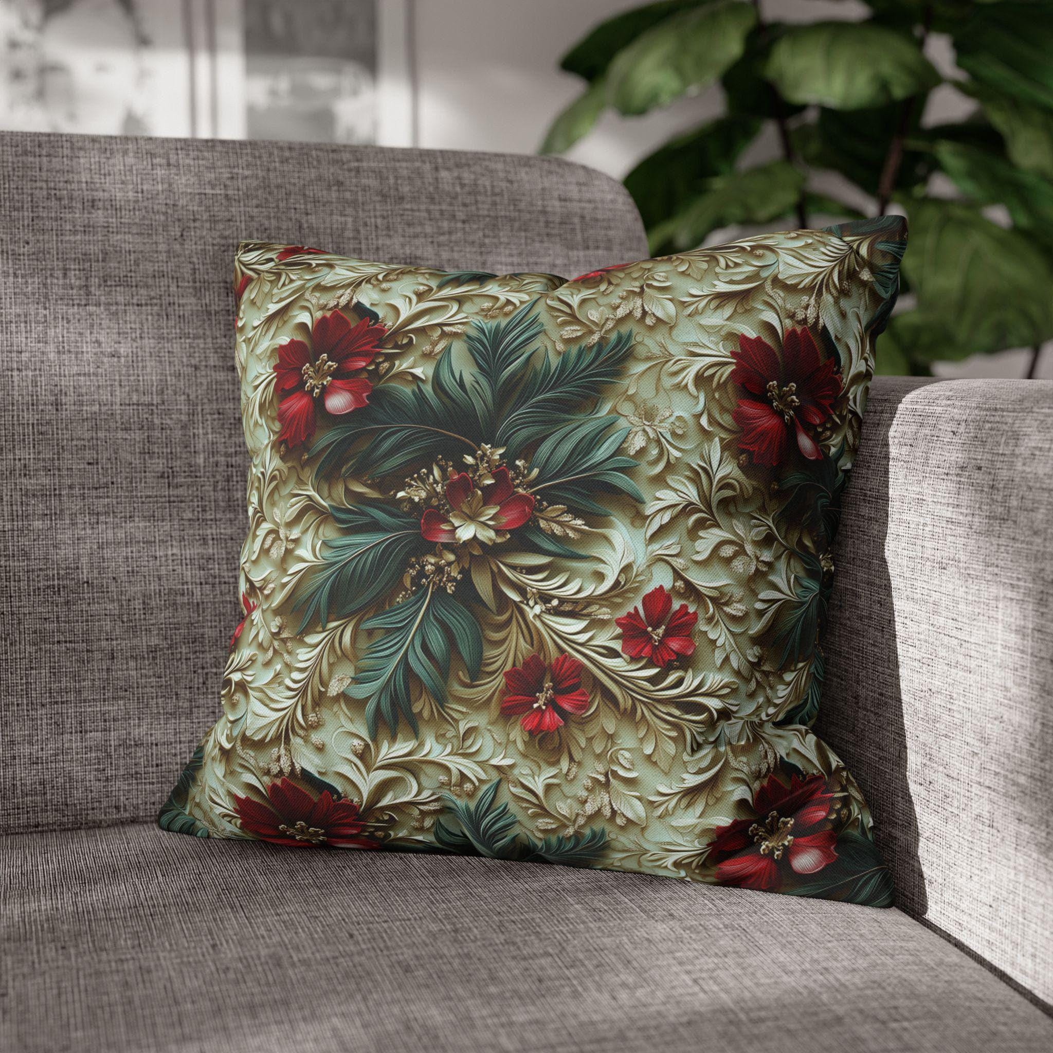 Elegant Christmas Poinsettia Pillowcase: Luxurious Floral Holiday Decor with Beige Background