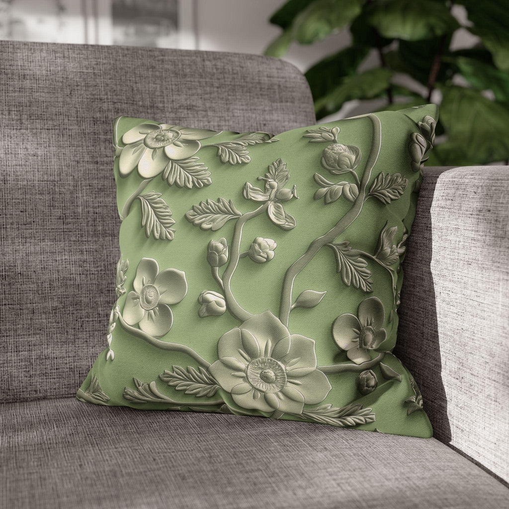Elegant Chinoiserie Floral Pillow Cover: Green & Tan Pottery-Inspired Design for Timeless Asian Decor