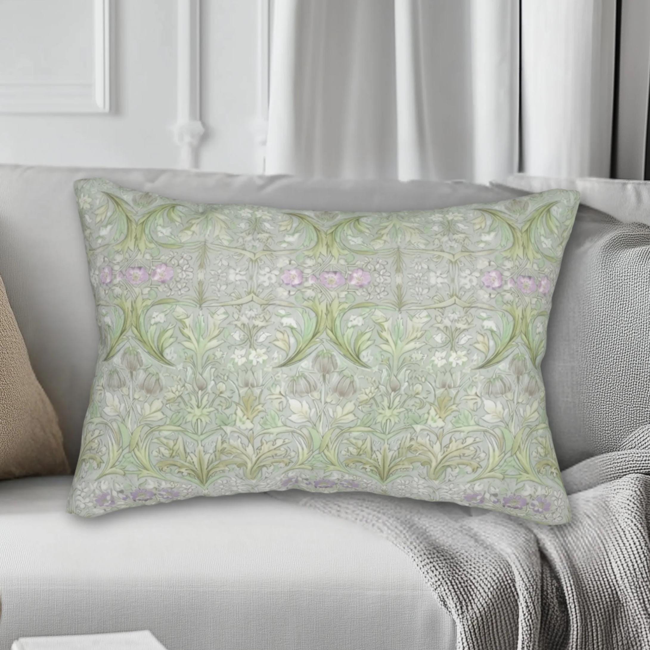 William Morris Inspired Lumbar Pillow: Soft Sage Botanical with Muted Lavender