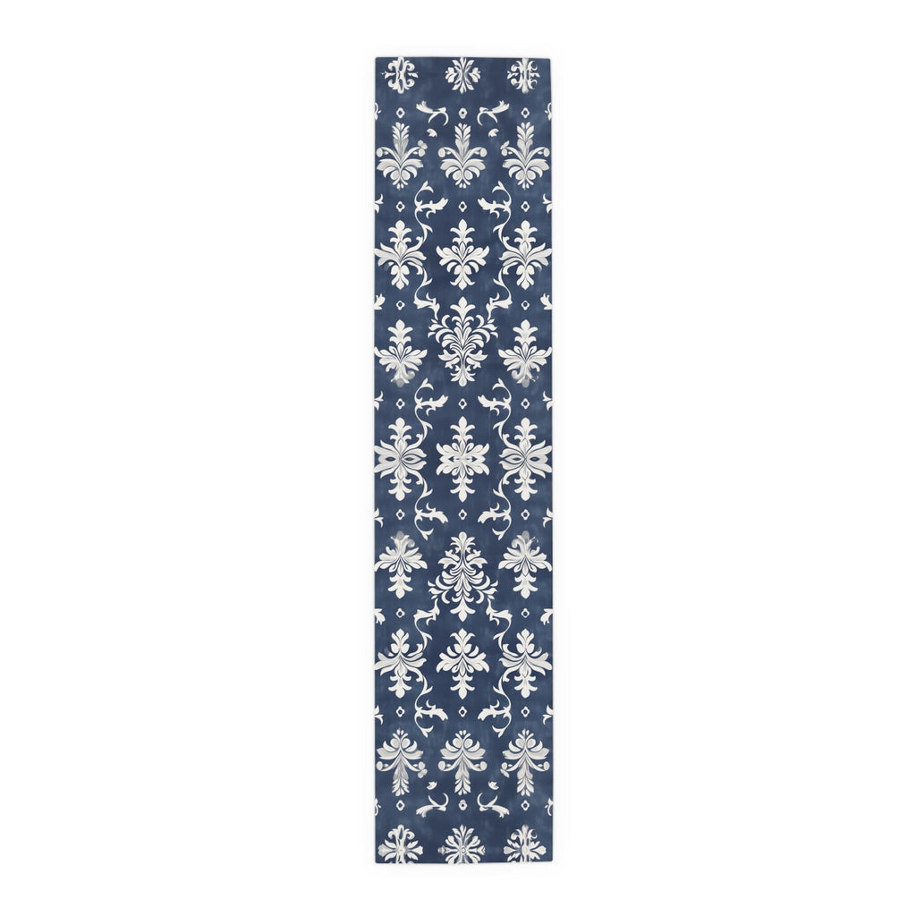 Elegant Navy Blue & White Damask Table Runner for Wedding, Dining Room, and Home Decor