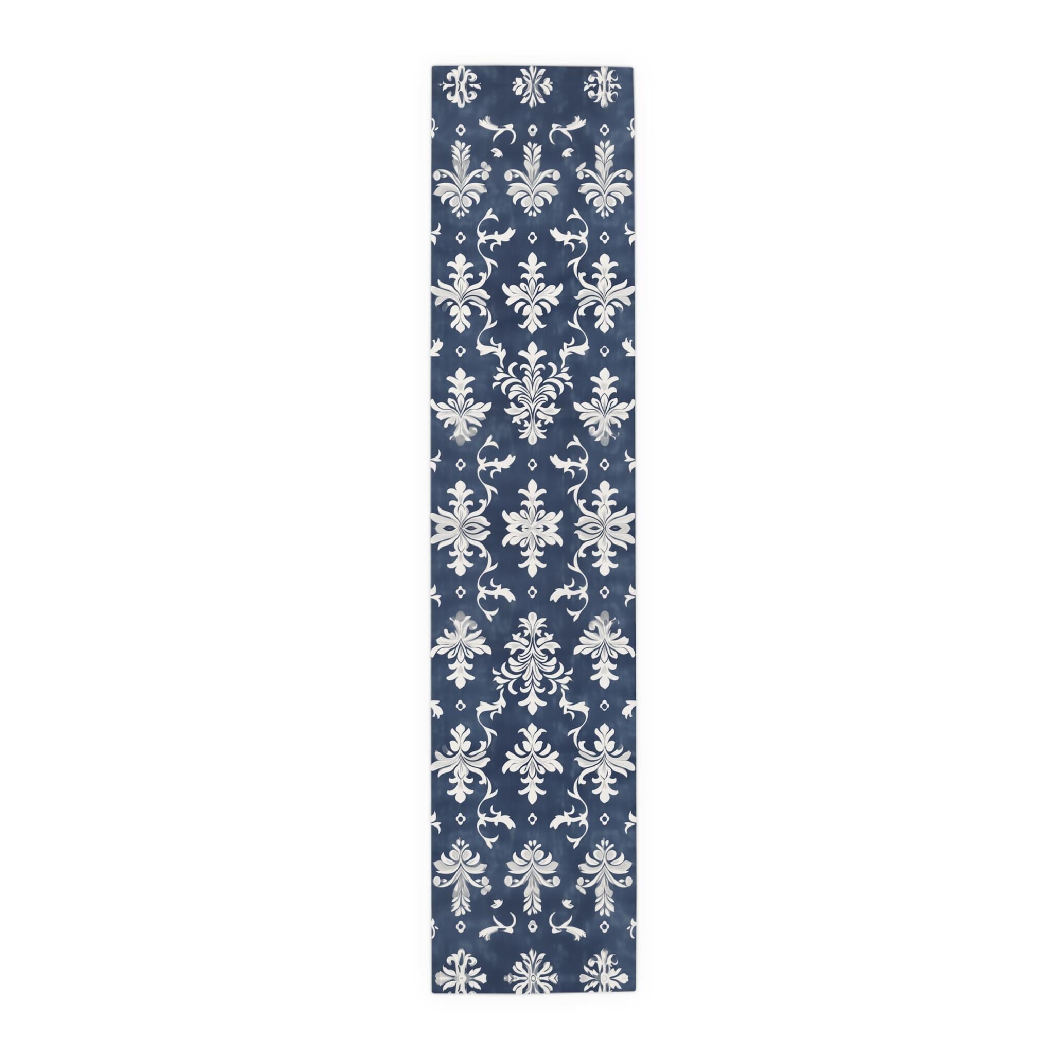 Elegant Navy Blue & White Damask Table Runner for Wedding, Dining Room, and Home Decor