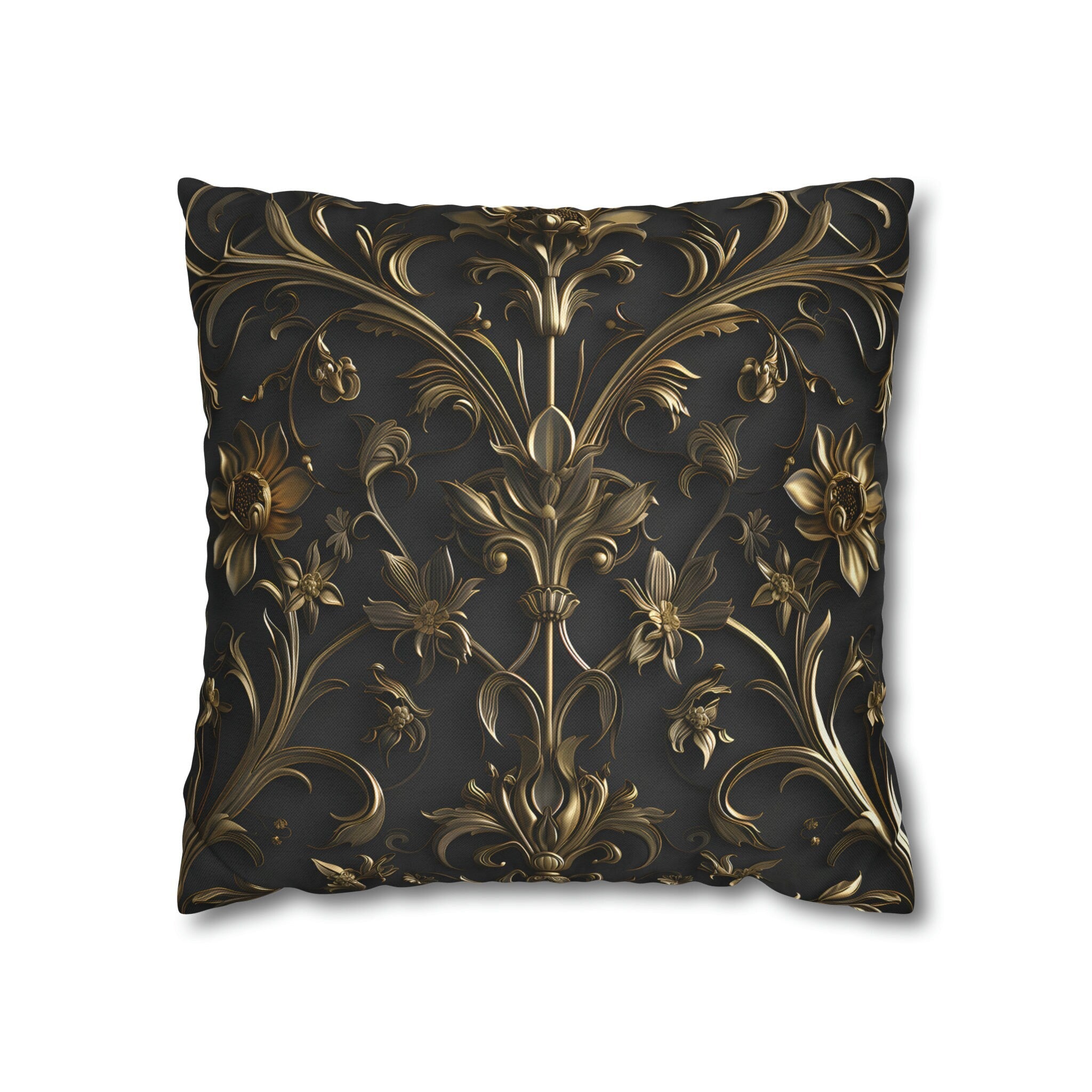 Luxurious Italian Baroque Pillow Cover: Golden Floral on Charcoal for Elegant Home Decor