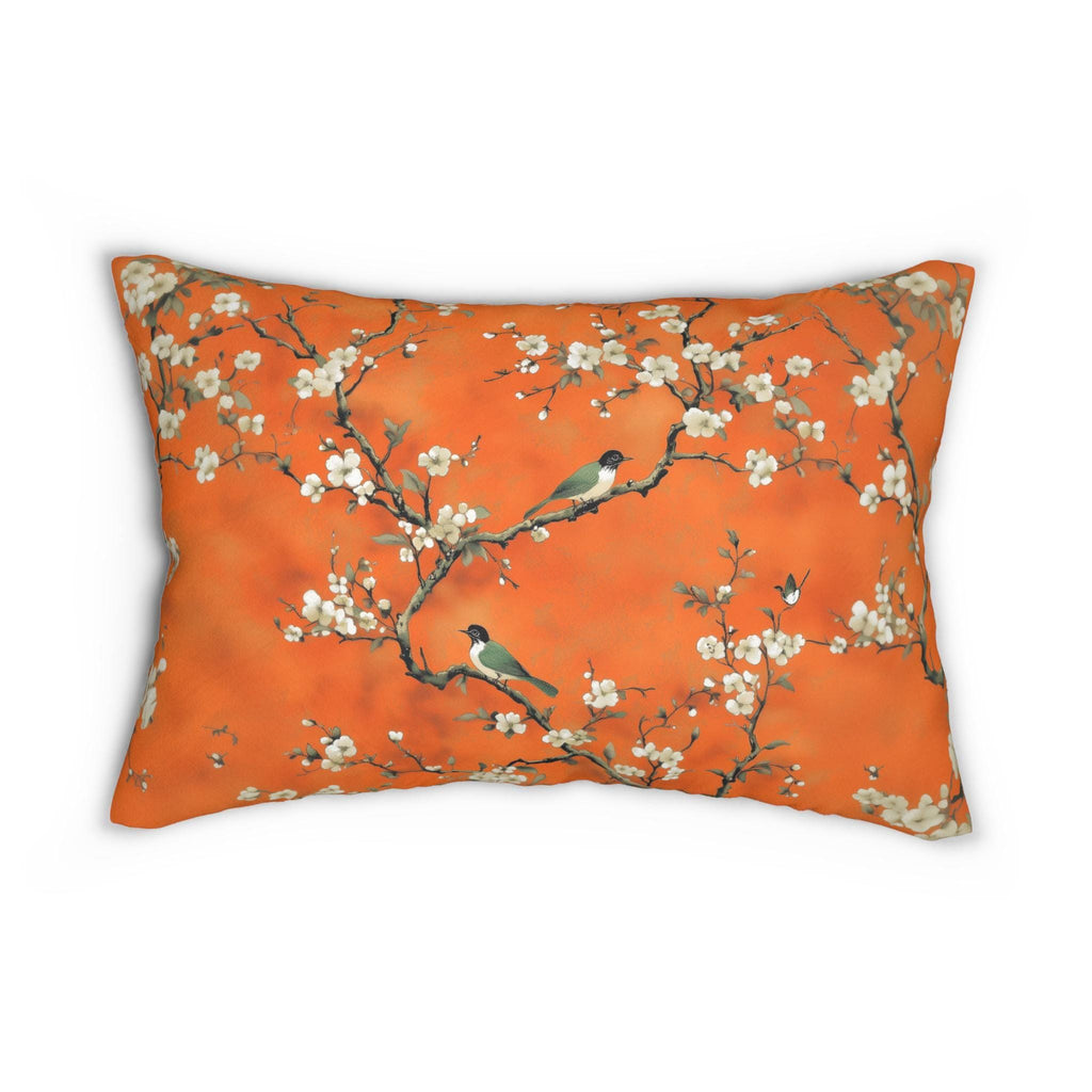 Elegant Chinoiserie Lumbar Pillow: Burnt Orange Asian-Inspired Floral Bird Design