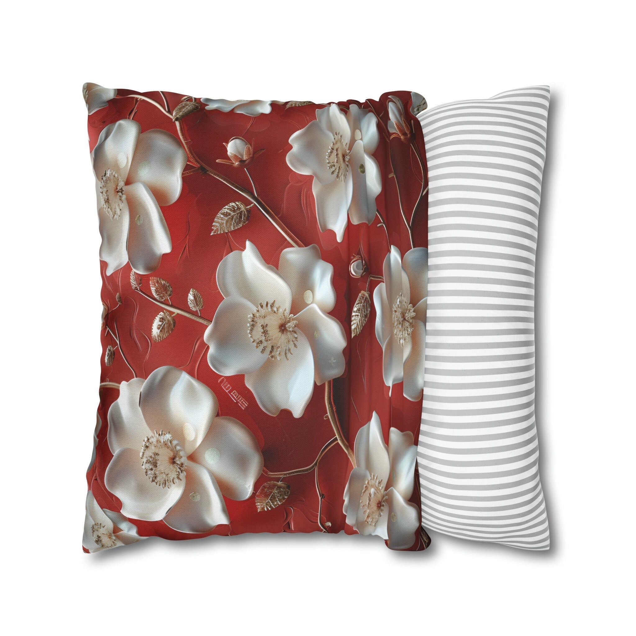 Romantic Berry & White Floral Pillow Cover with Golden Centers - Elegant Cushion for Home Decor