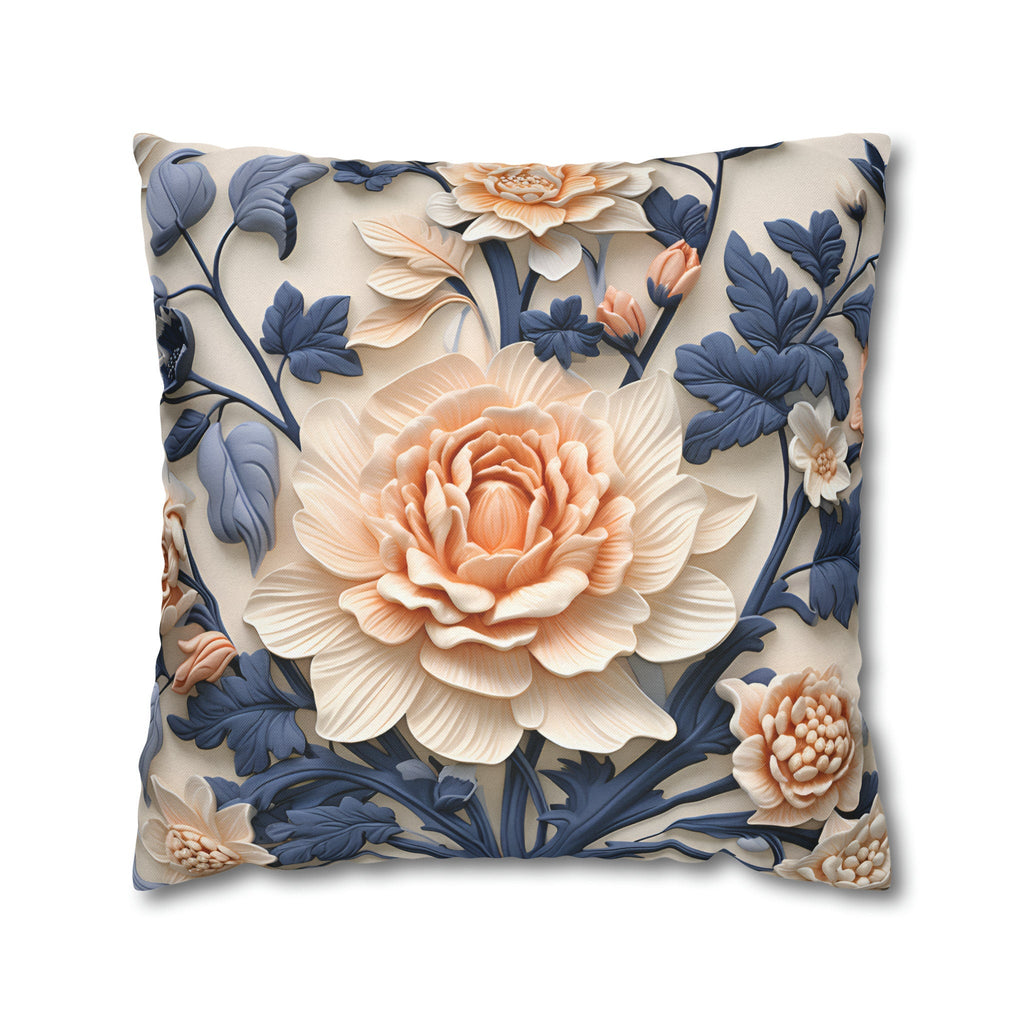 Chinoiserie Floral Pillow Cover: Peach Flower, Dark Blue Botanicals