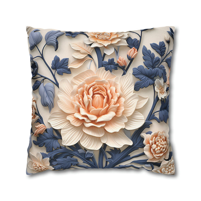 Chinoiserie Floral Pillow Cover: Peach Flower, Dark Blue Botanicals