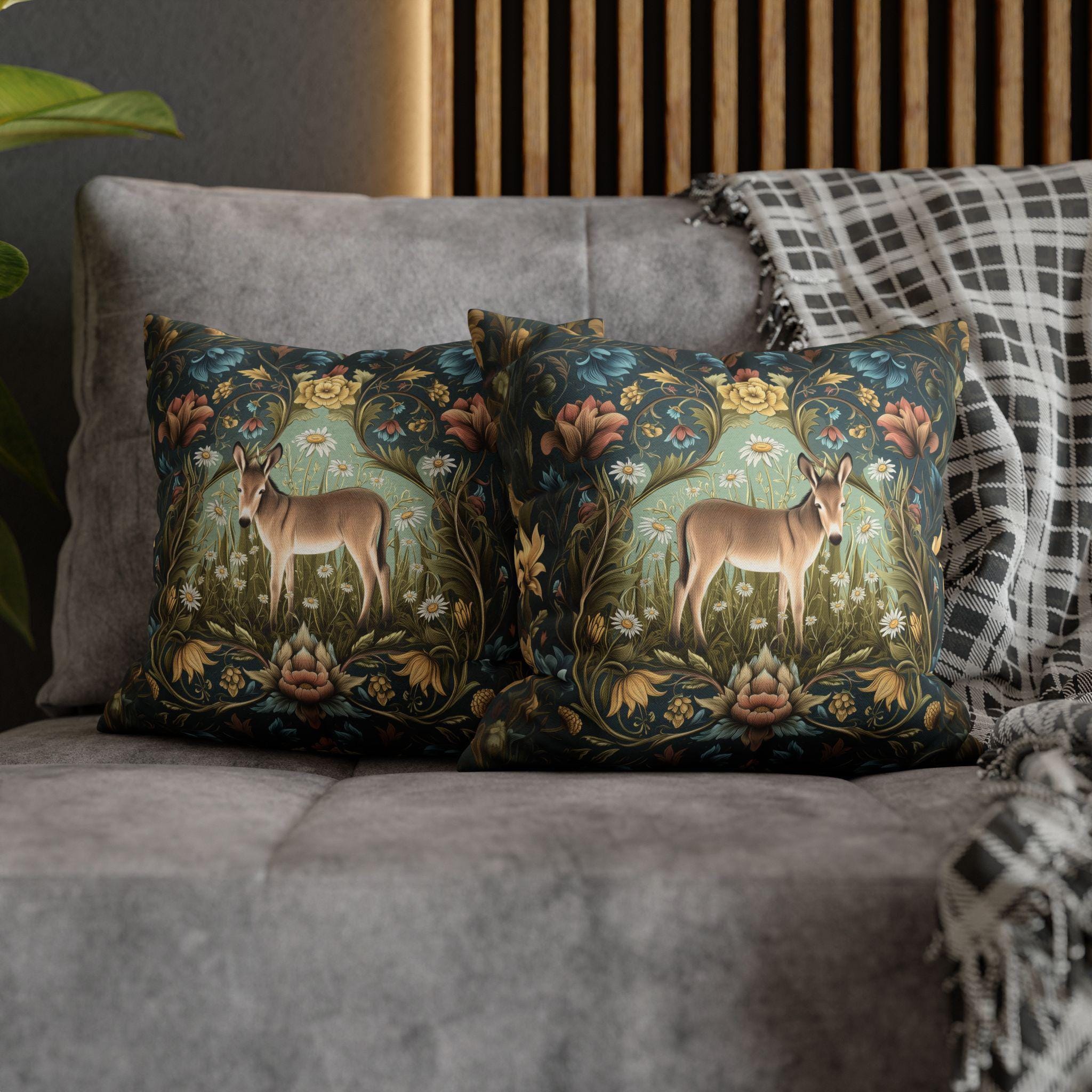 Donkey Garden Floral Pillow Cover: William Morris Inspired Botanical Meadow Decor