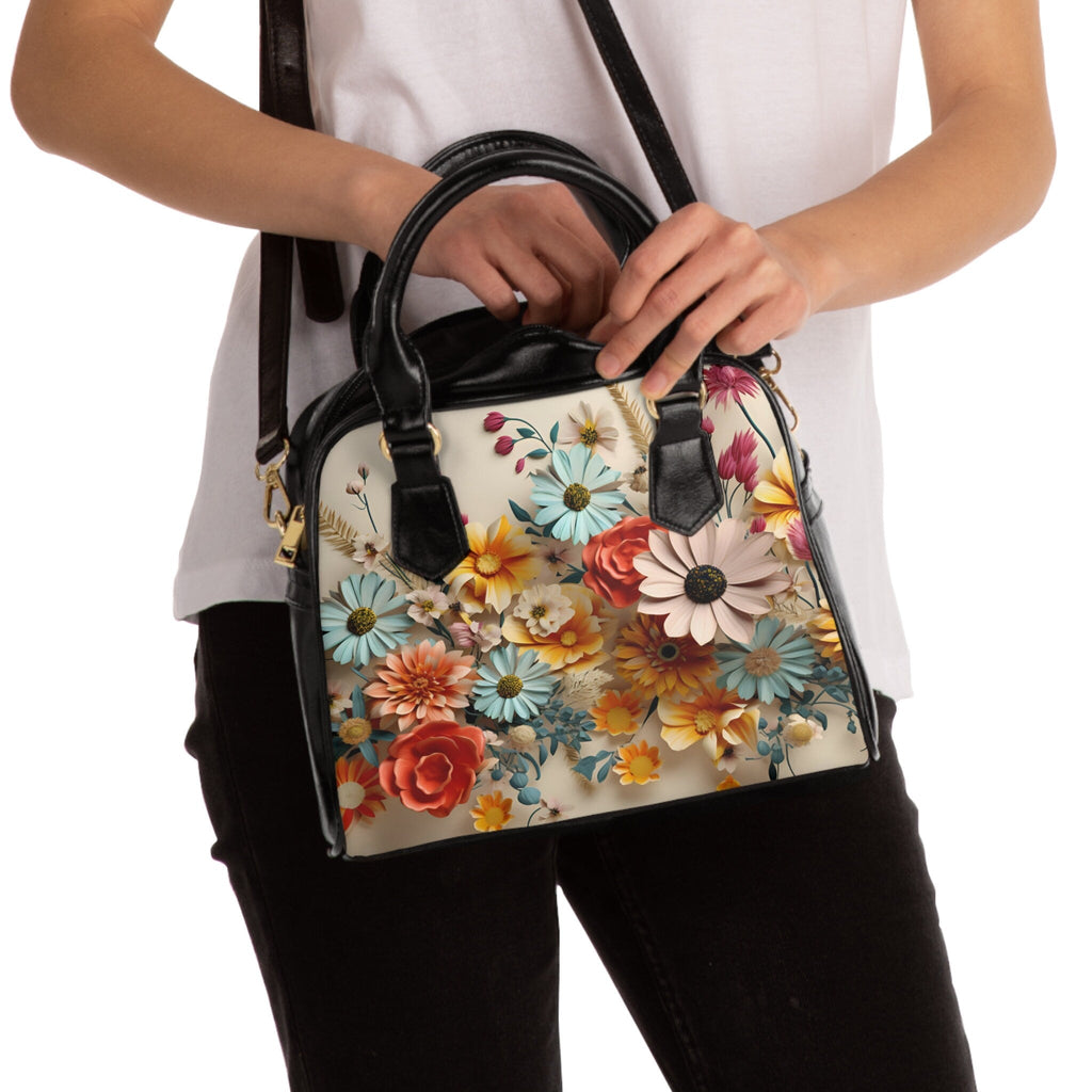 Vibrant Floral Meadow Shoulder Handbag - Designer-Style Faux Leather Purse with Cream Background