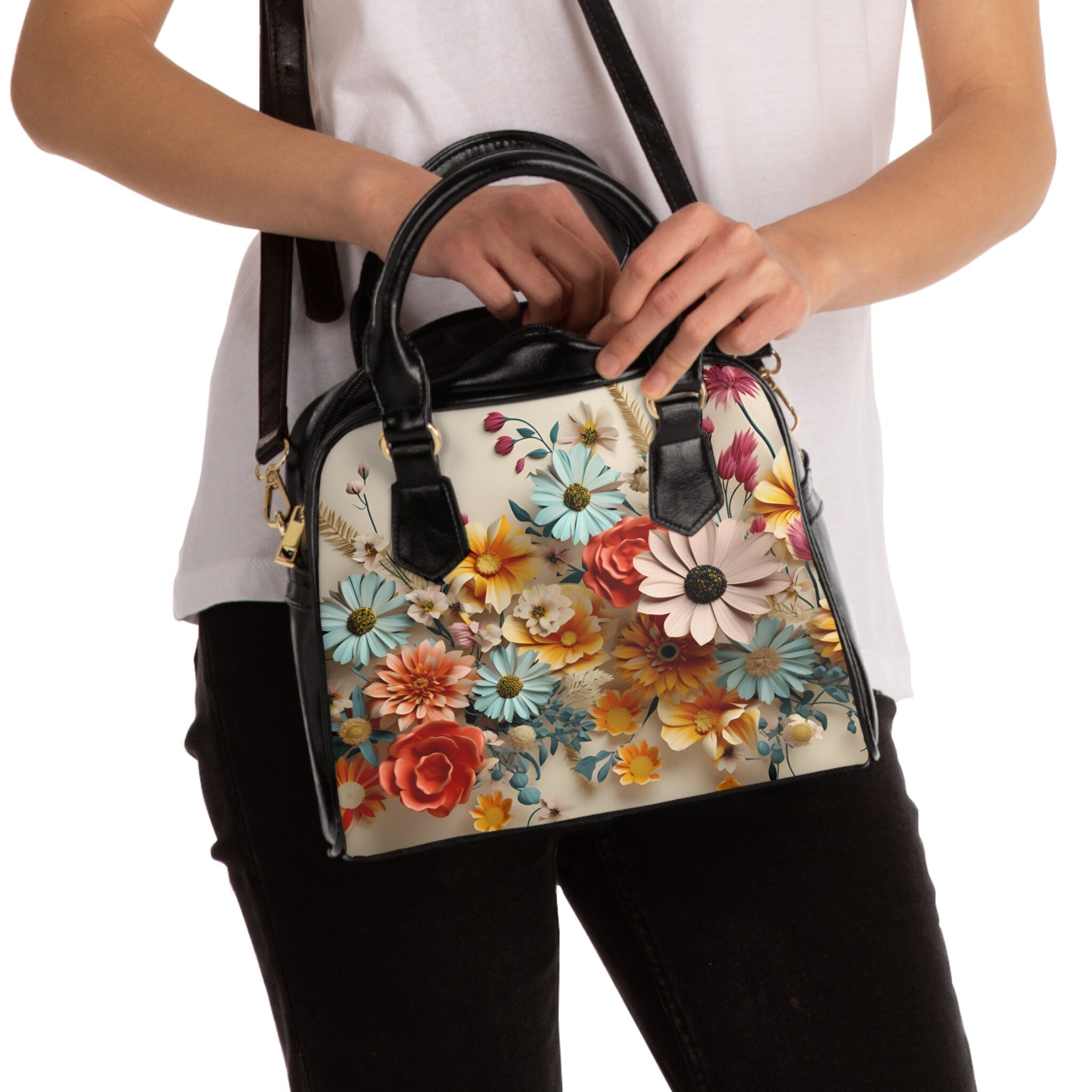 Vibrant Floral Meadow Shoulder Handbag - Designer-Style Faux Leather Purse with Cream Background