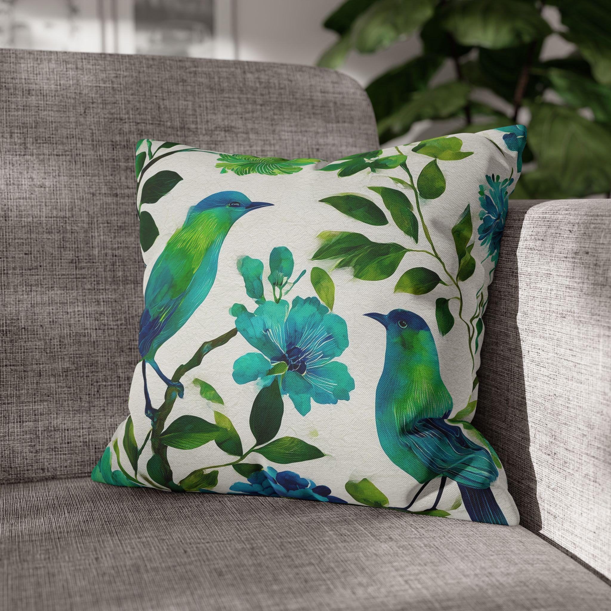 Chinoiserie Bird Pillow Cover: Teal Green Watercolor Floral Cushion