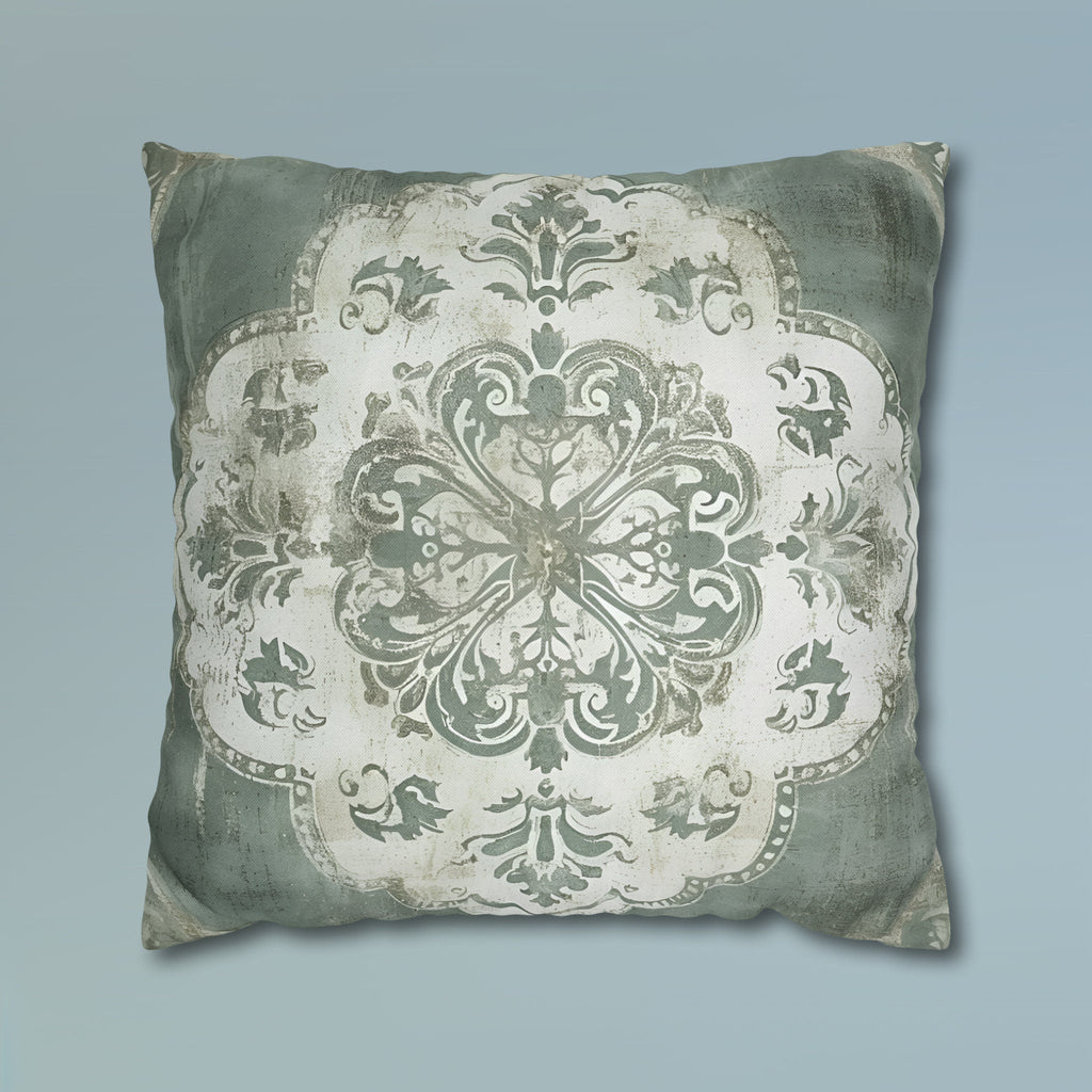 Vintage-Inspired French Farmhouse Pillow Cover: Faded White Medallion on Sage Green, Rustic Elegance