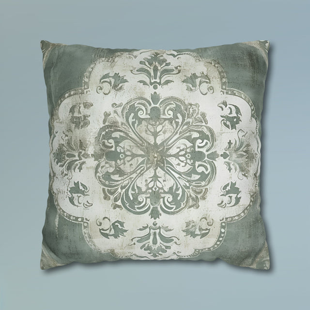 Vintage-Inspired French Farmhouse Pillow Cover: Faded White Medallion on Sage Green, Rustic Elegance