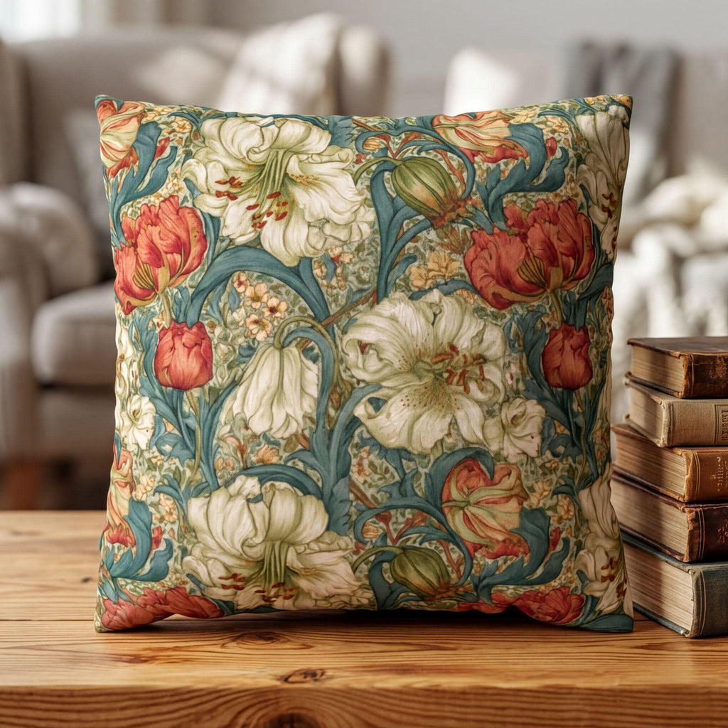 William Morris Style Pillow Cover: Ivory and Coral Lilies on a Celadon Background