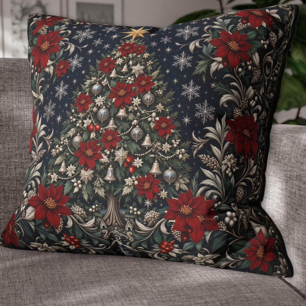 William Morris Christmas Pillow Cover: Navy Blue Poinsettia, Silver Snowflake Vintage Style Holiday