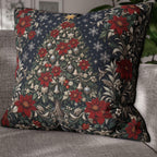 William Morris Christmas Pillow Cover: Navy Blue Poinsettia, Silver Snowflake Vintage Style Holiday