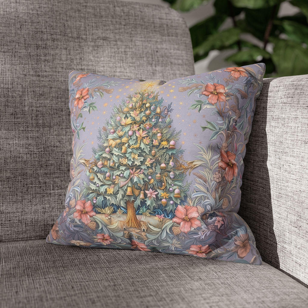 William Morris Christmas Pillow Cover: Frosted Pastel Tree, Lilac and Pink Botanical Holiday