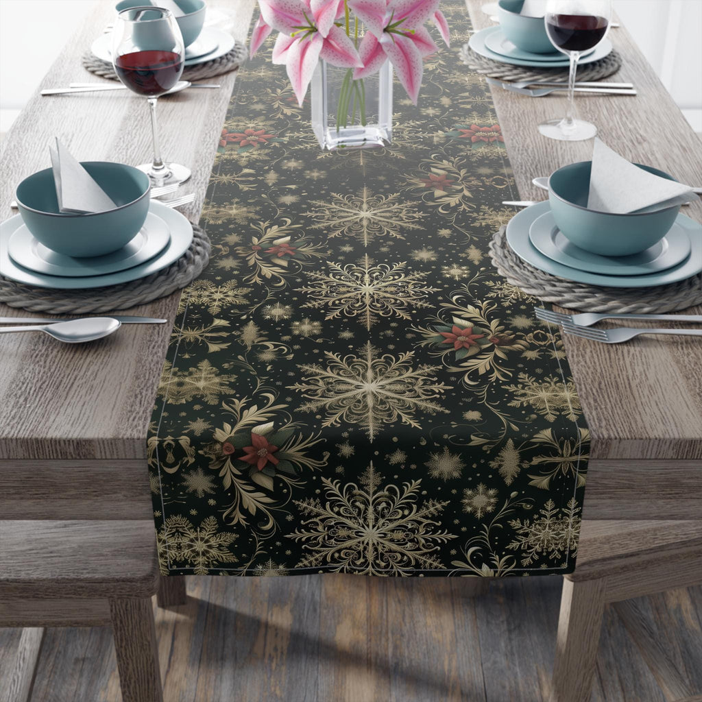 Emerald Christmas Table Runner: Elegant Gold Snowflake and Poinsettia Design for Festive Dining Decor