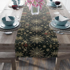 Emerald Christmas Table Runner: Elegant Gold Snowflake and Poinsettia Design for Festive Dining Decor
