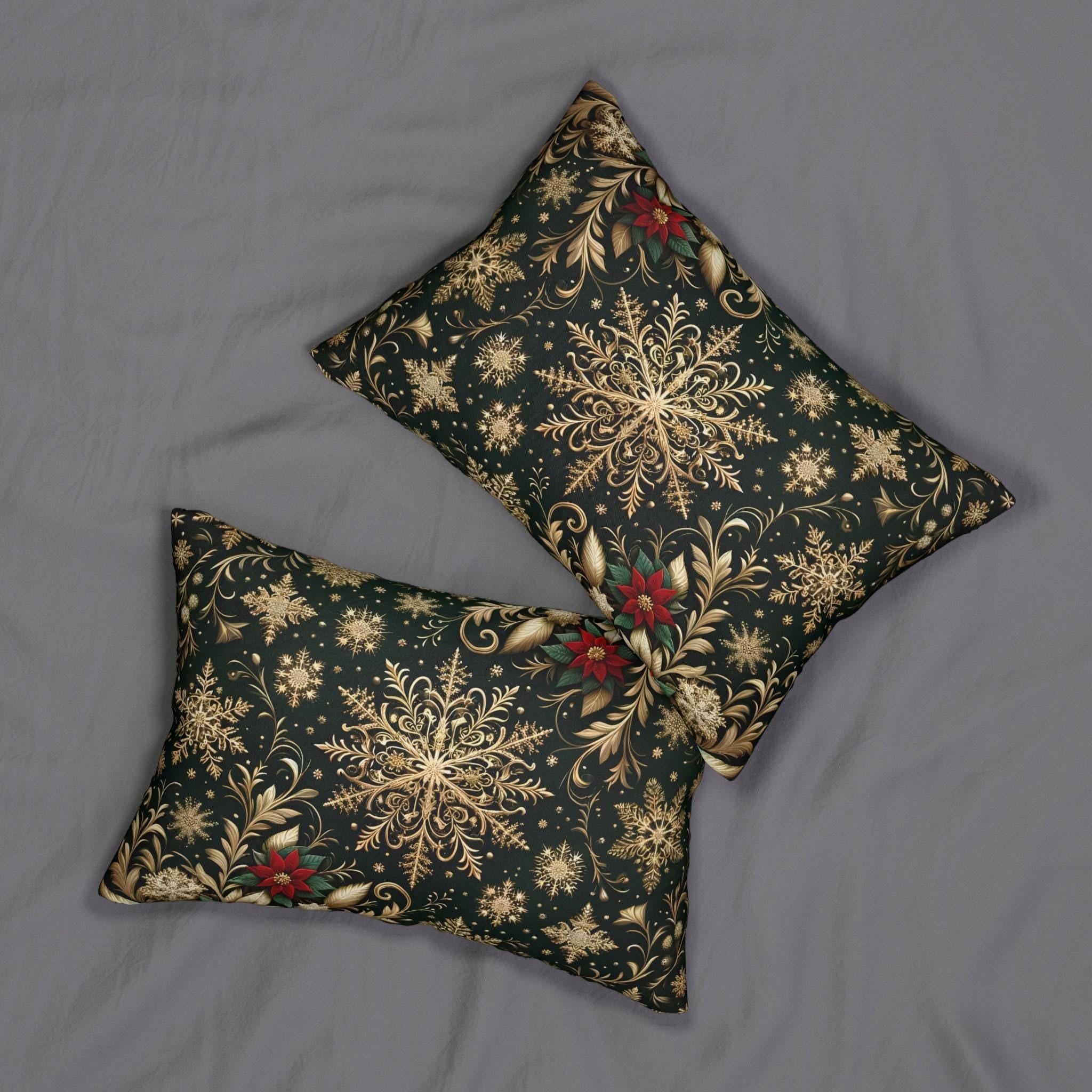 Poinsettia Christmas Lumbar Pillow: Golden Snowflakes, Emerald Green