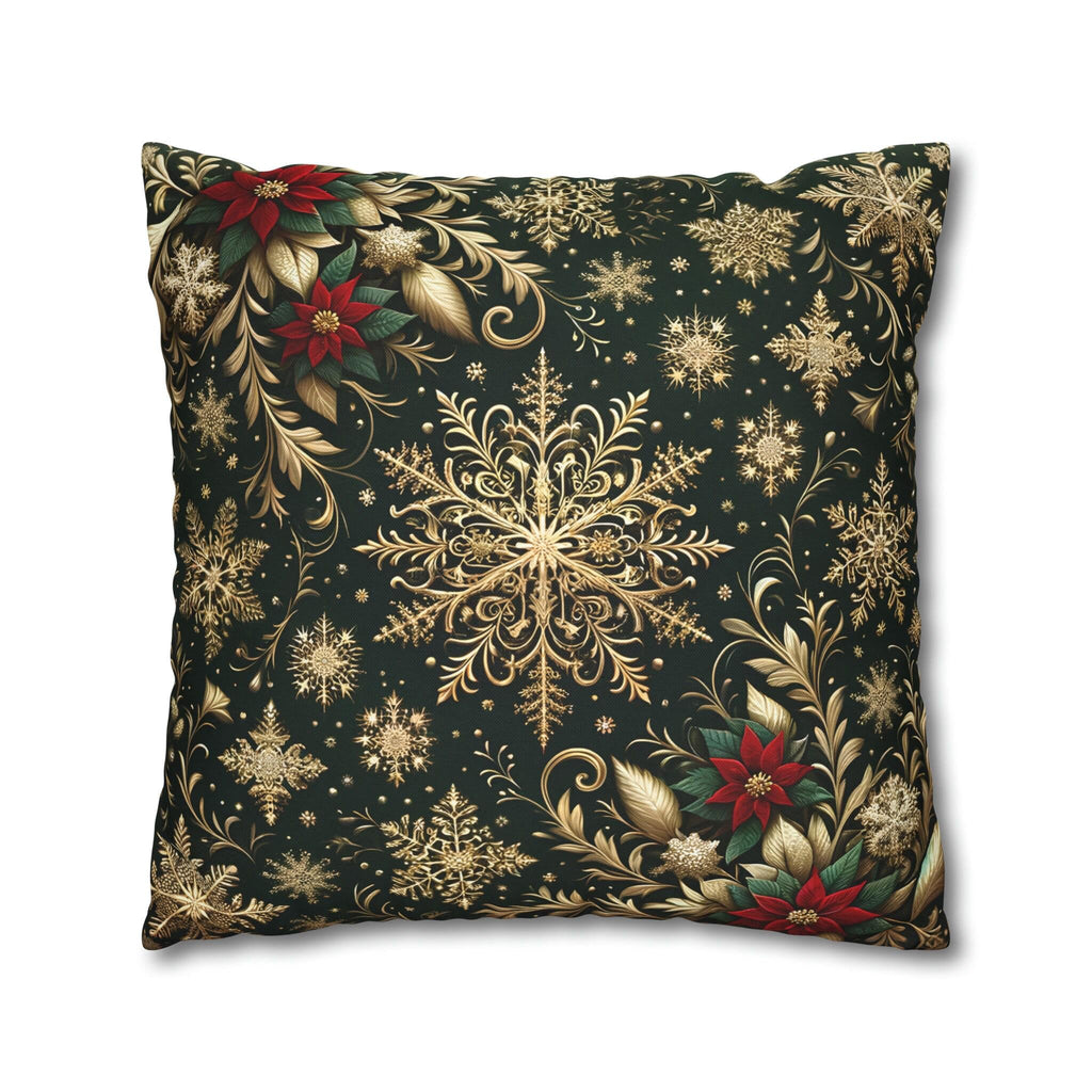 Poinsettia Christmas Holiday Throw Pillow Cover: Golden Snowflakes and Emerald Elegance Decorative Case