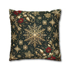 Poinsettia Christmas Holiday Throw Pillow Cover: Golden Snowflakes and Emerald Elegance Decorative Case
