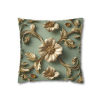 Vintage Style Floral Pillow Cover: Taupe Gold 3D Design on Sage Green