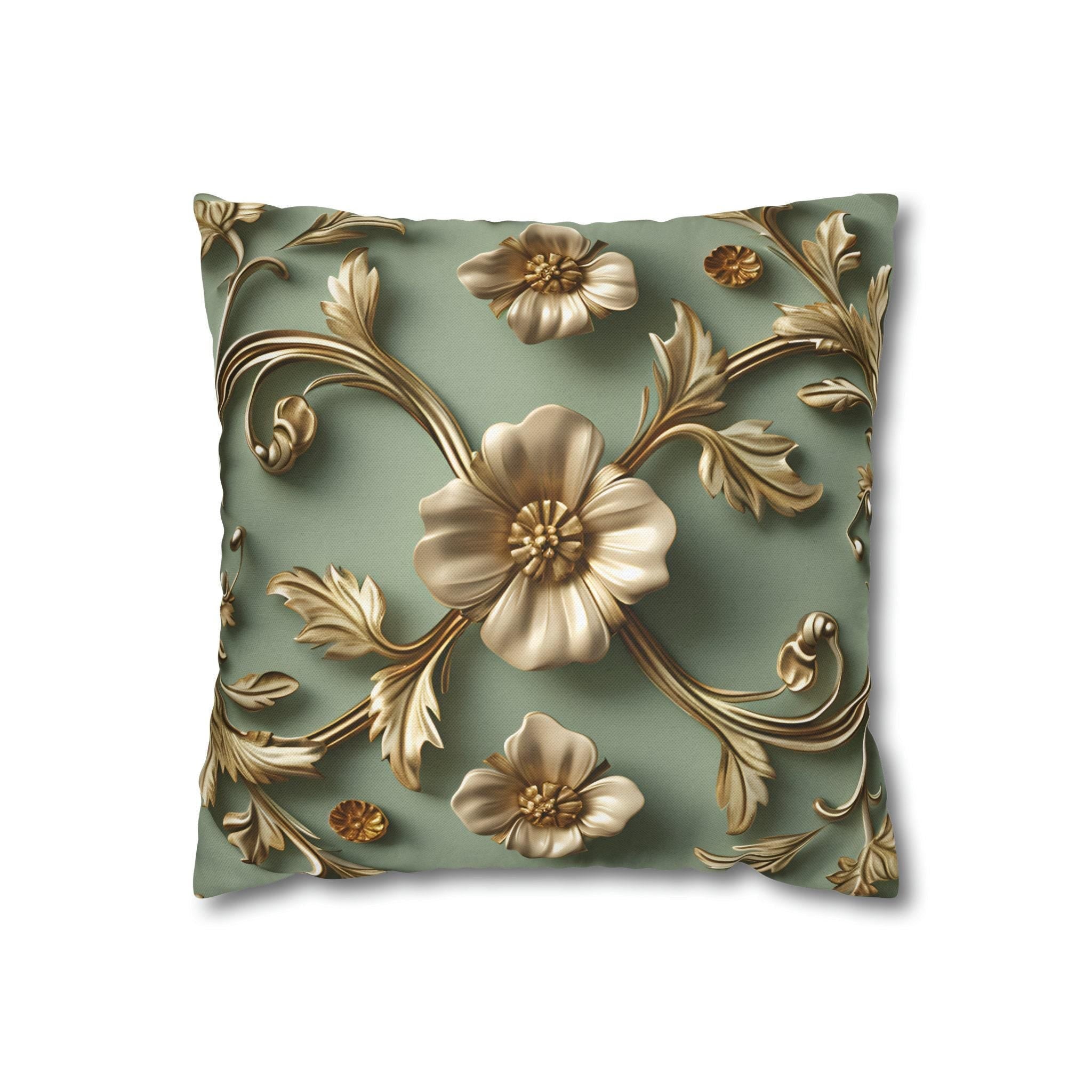 Vintage Style Floral Pillow Cover: Taupe Gold 3D Design on Sage Green