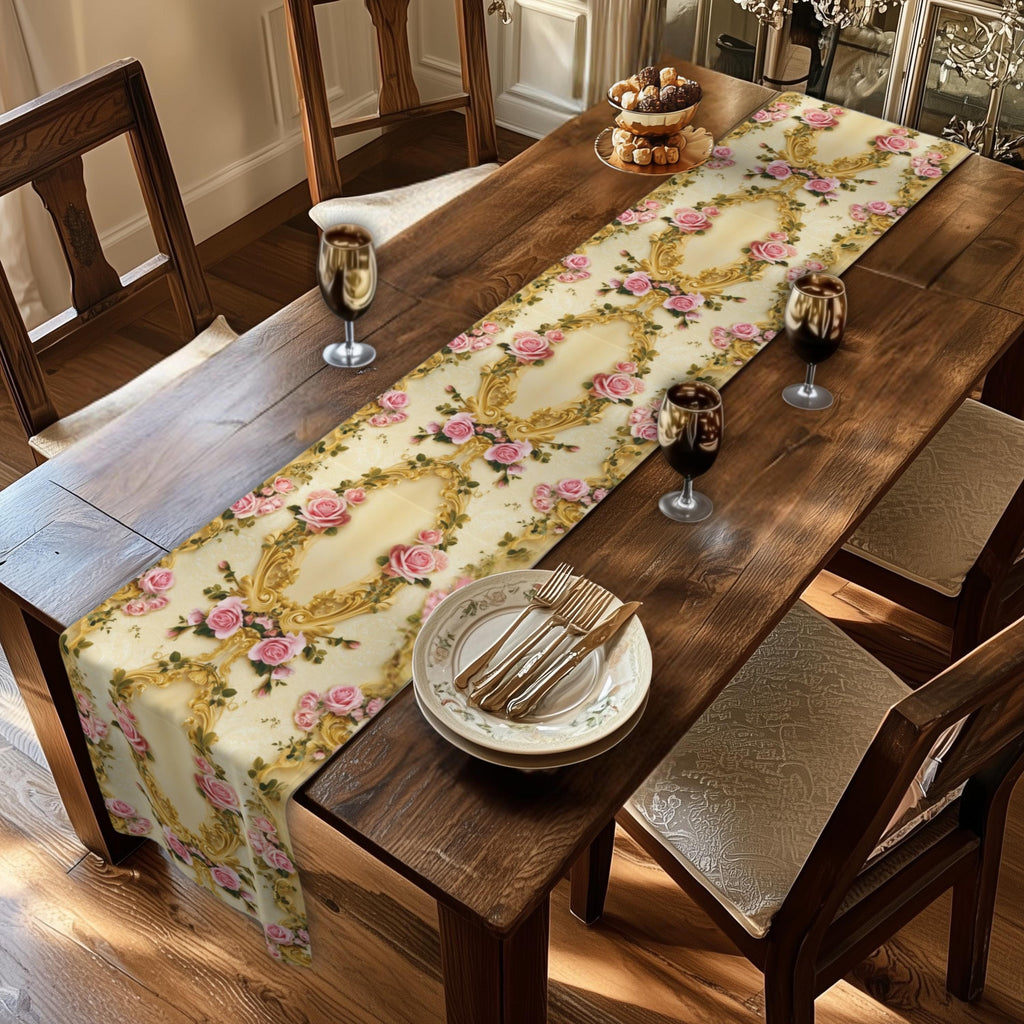 Wedding Table Runner with Pink Roses and Gold Scrollwork: Romantic Victorian Floral