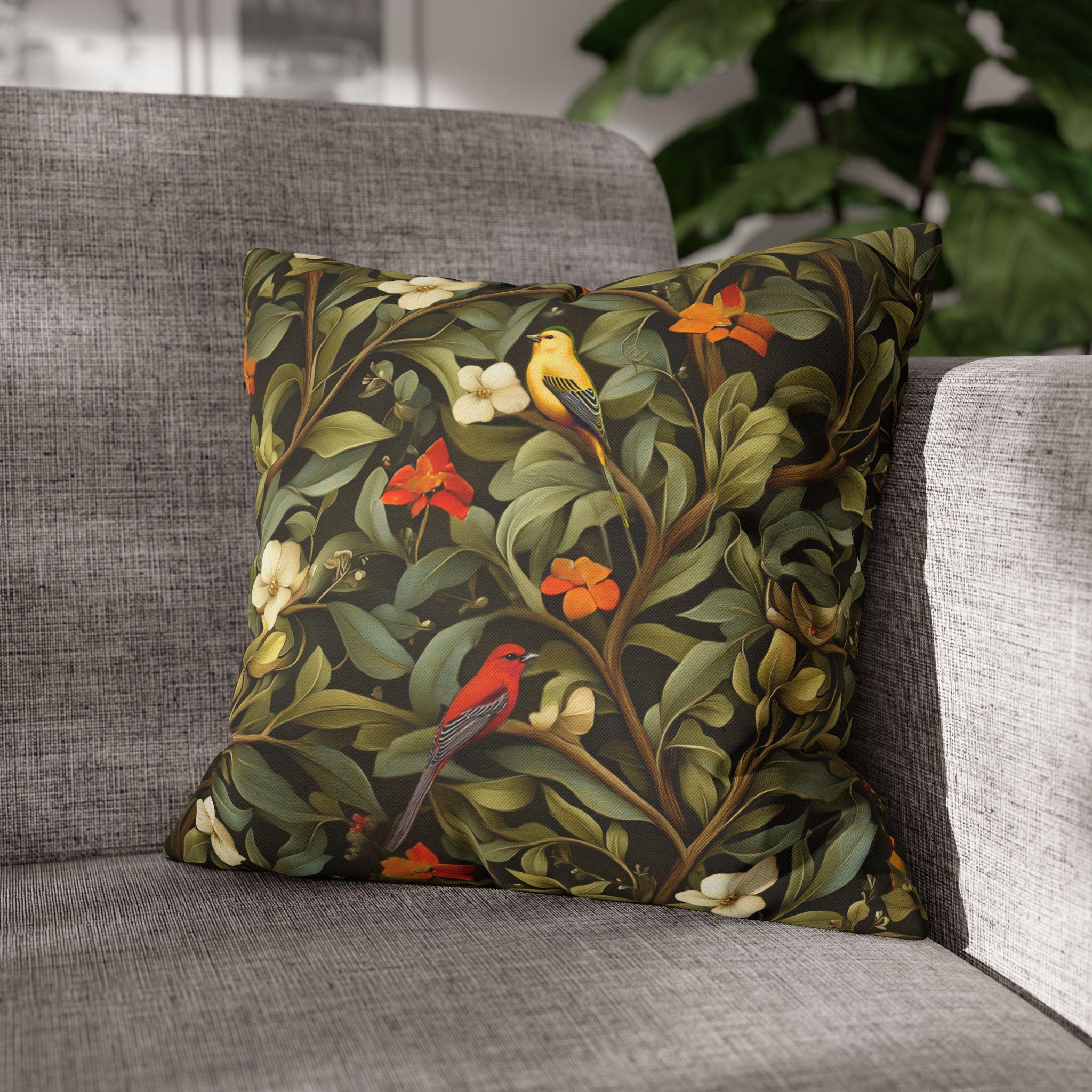 William Morris Inspired Autumn Songbird Pillow Cover: Olive and Pumpkin Arts & Crafts Heritage Design