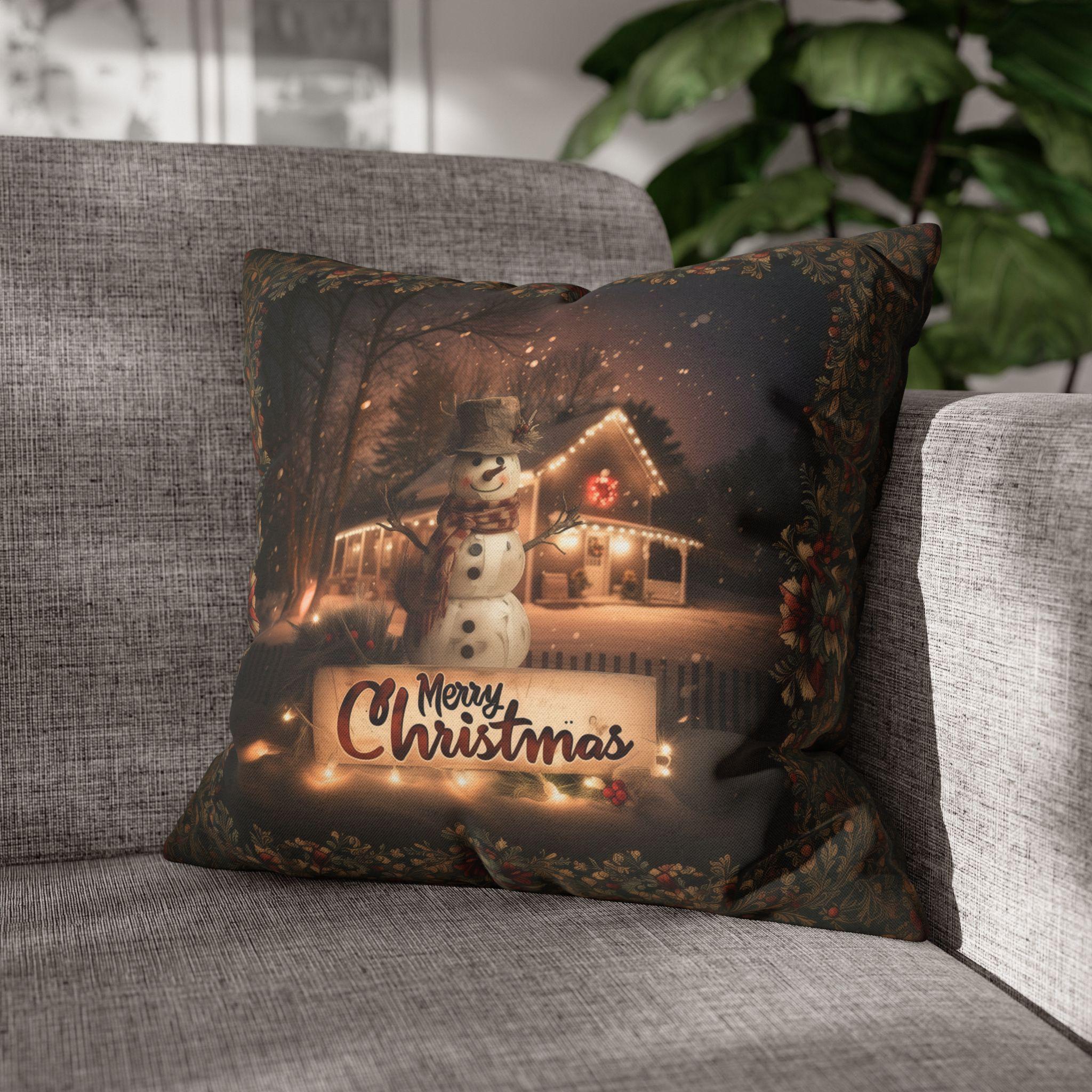 Country Farmhouse Christmas Snowman Pillow Cover with Intricate Botanicals and Vines Border