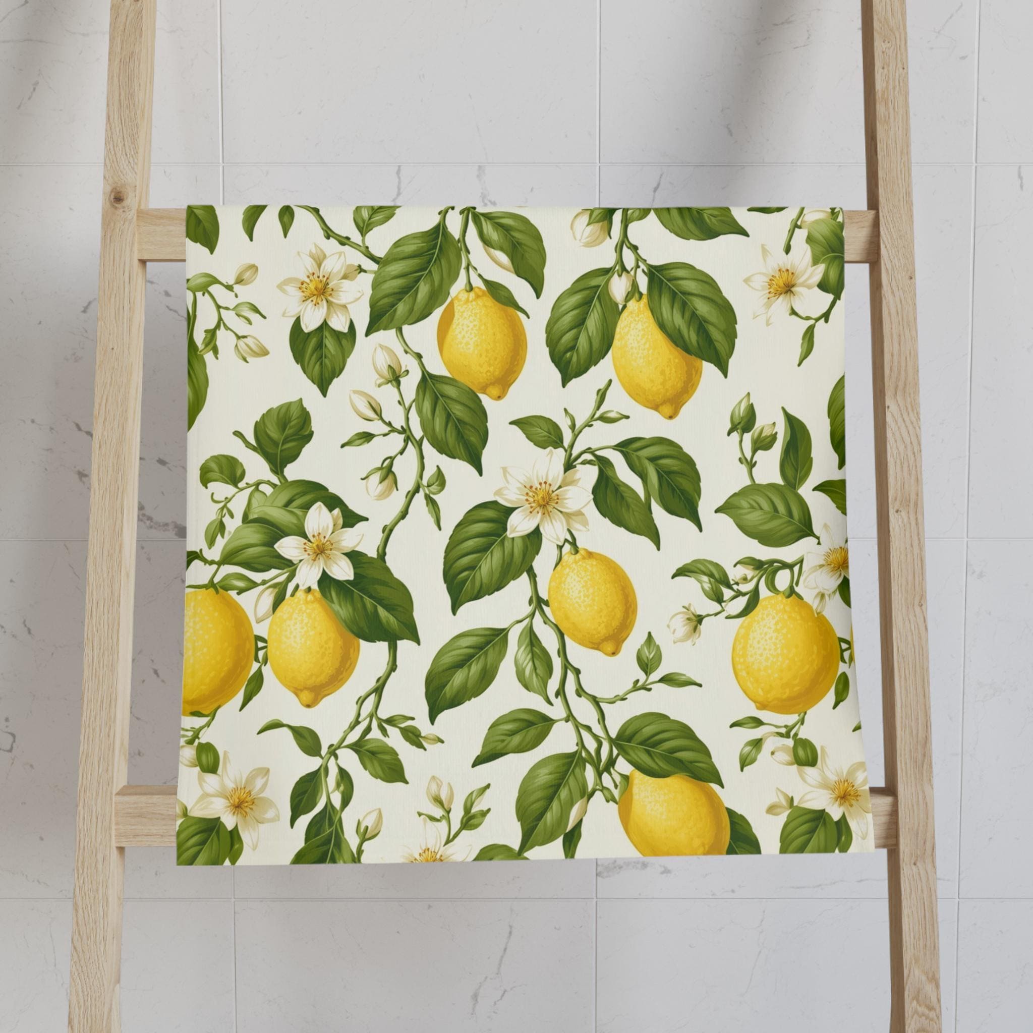 Lemon Hand Towel: with Green Leaves and Florals on a Creamy White Background