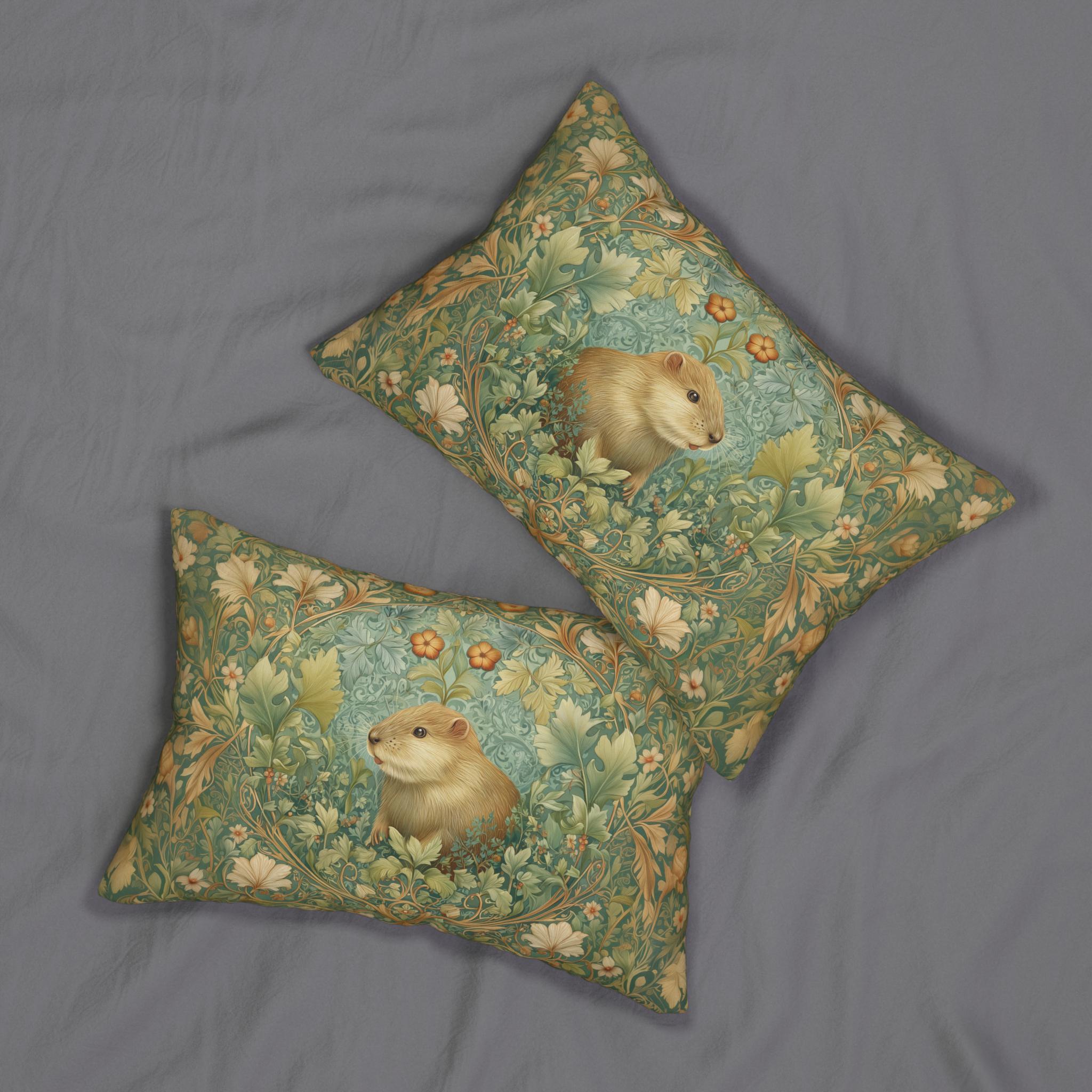 Beaver Lumbar Pillow: William Morris Inspired Woodland Nature Cushion