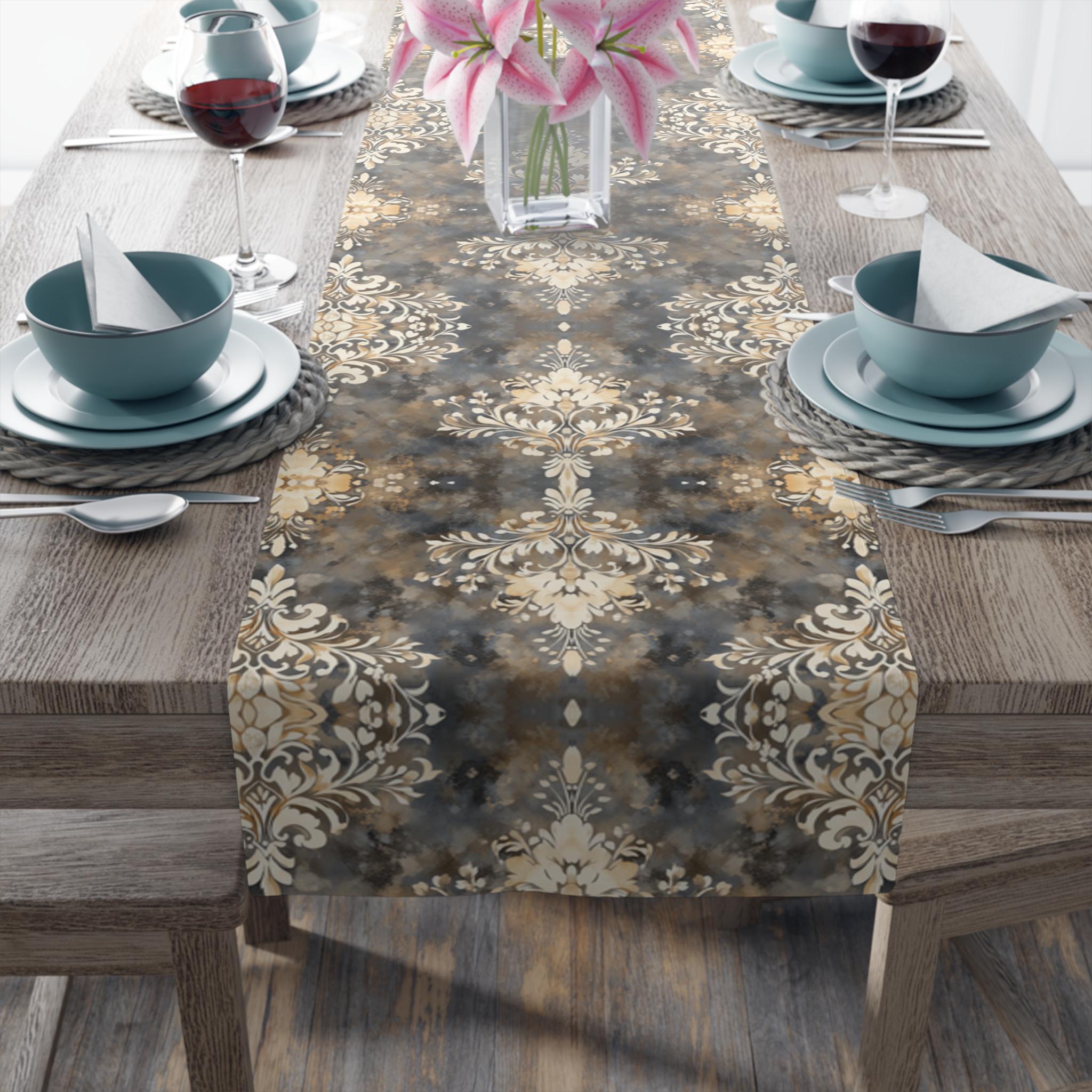 Vintage-Inspired Damask Table Runner: Elegant Cream & Gray Floral Design for Soft Dining Room Decor
