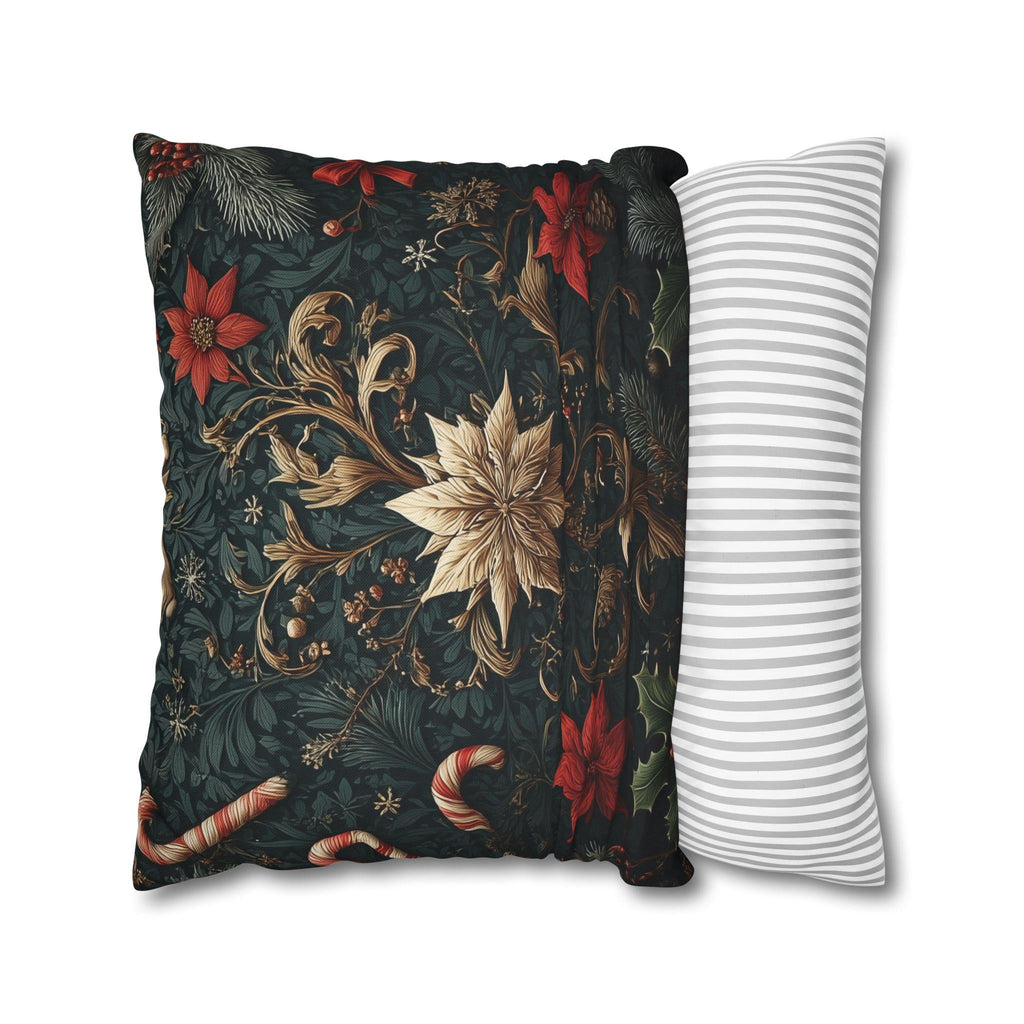 Dark Botanical Holiday Pillow Cover: Gold Poinsettia, Red Florals & Candy Canes on Deep Pine