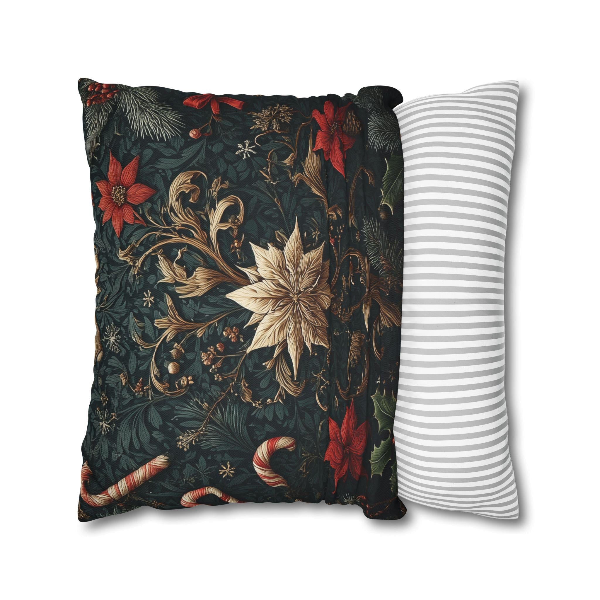 Dark Botanical Holiday Pillow Cover: Gold Poinsettia, Red Florals & Candy Canes on Deep Pine
