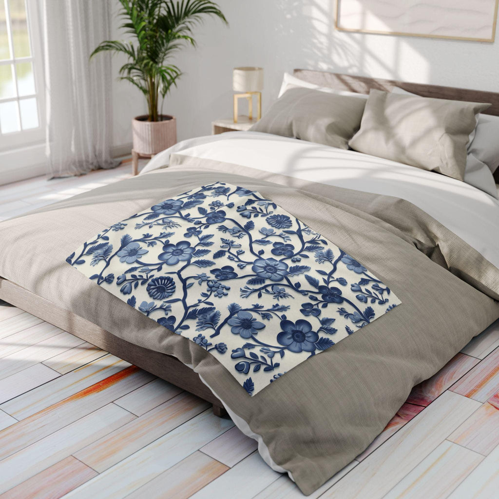 Chinoiserie Fleece Blanket: Blue and White Floral Pottery Pattern