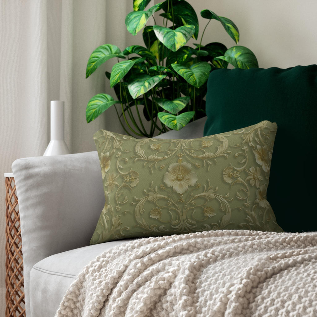 Elegant French Floral Lumbar Pillow - Sage Green with Pale Gold Intricate Design