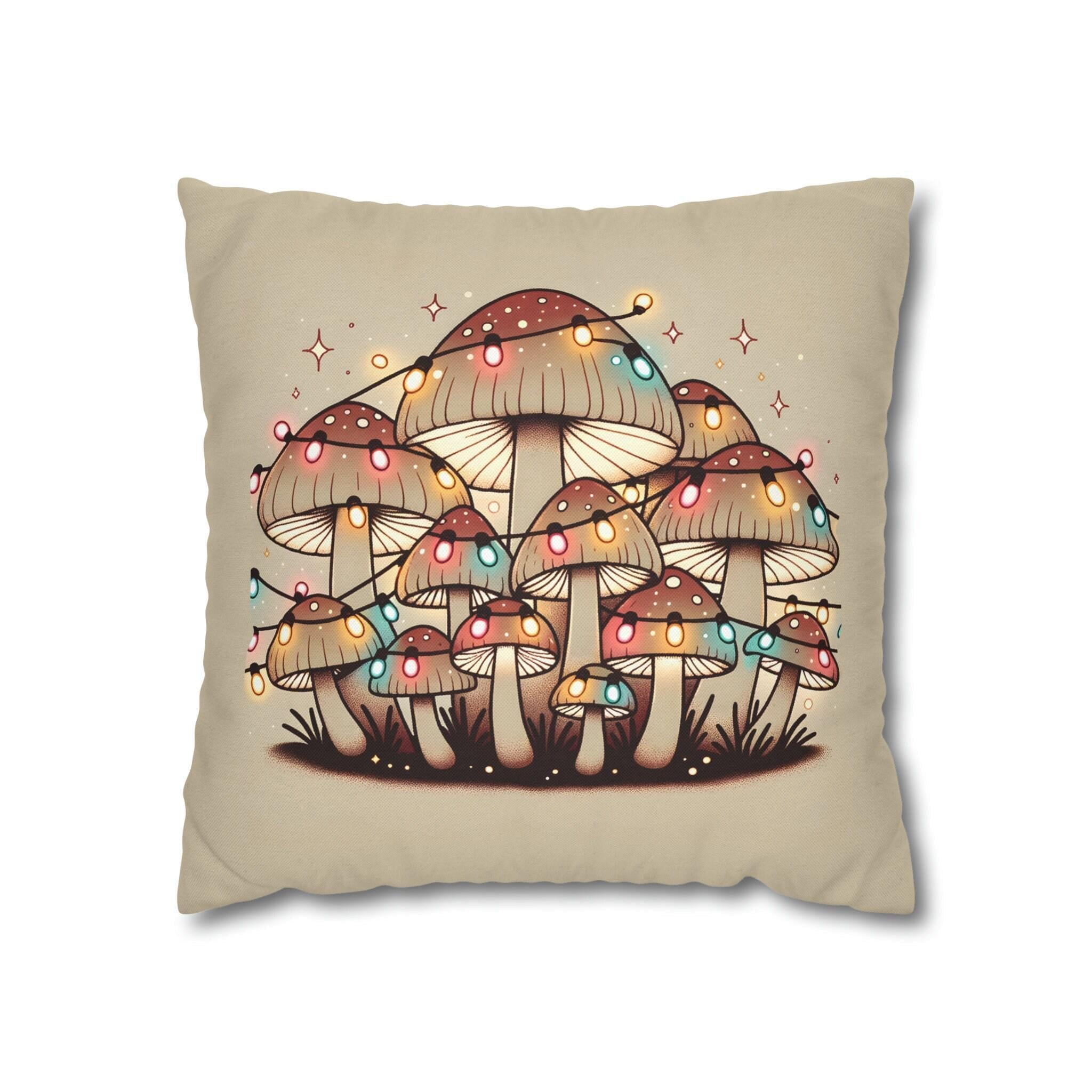 Whimsical Mushrooms Adorned with Colorful Christmas Lights: A Unique Throw Pillow Cover for the Holidays