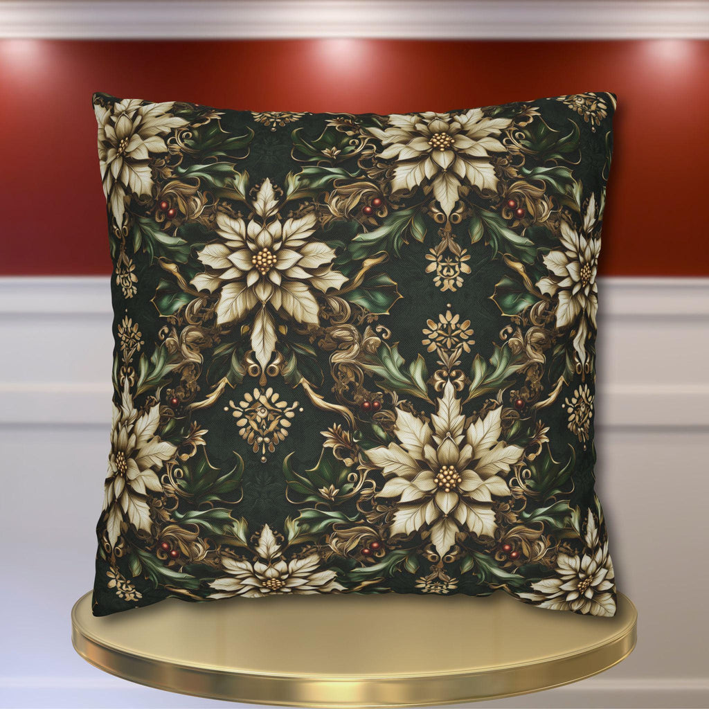 Holiday Poinsettia Pillow cover - Festive Christmas Decor Red Green Gold & Creamy Beige