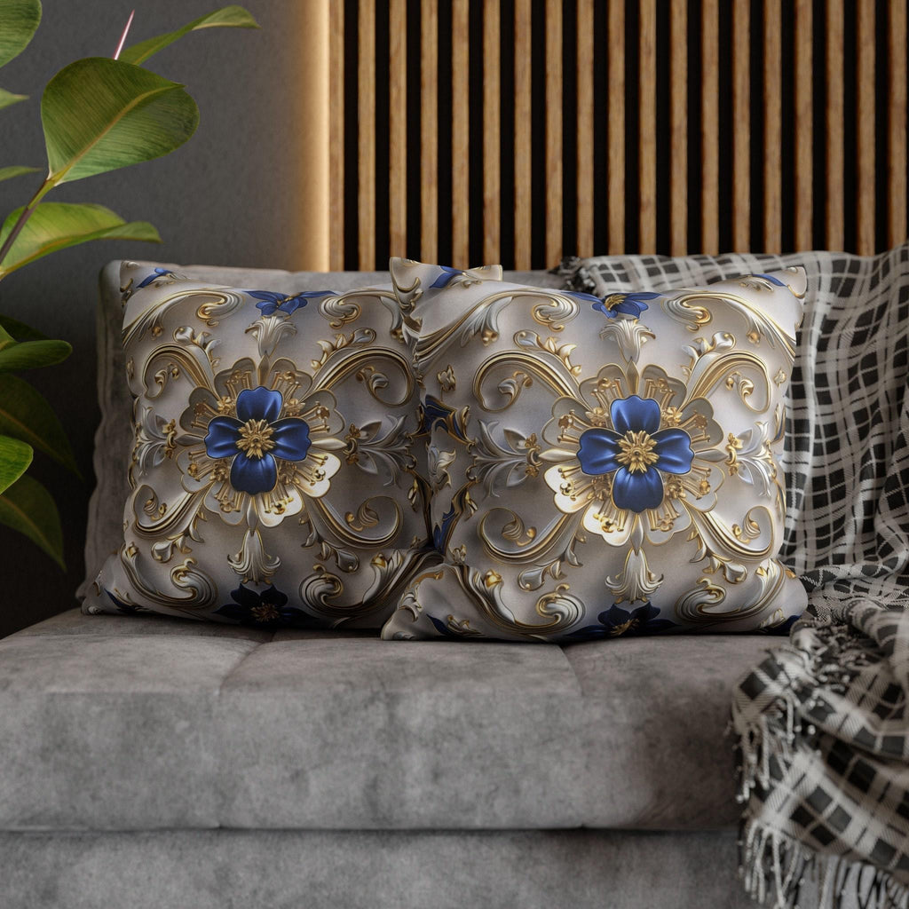 Baroque Inspired Throw Pillow Cover Blue and Gold Ornate Design Elegant Home Decor Gift