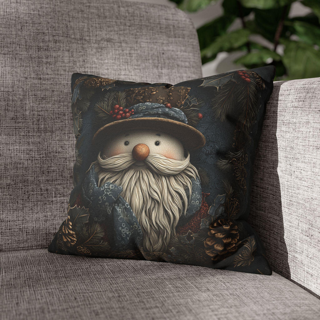 William Morris Inspired Christmas Pillow Cover: Rustic Santa Snowman Woodland Pine & Holly Illustration