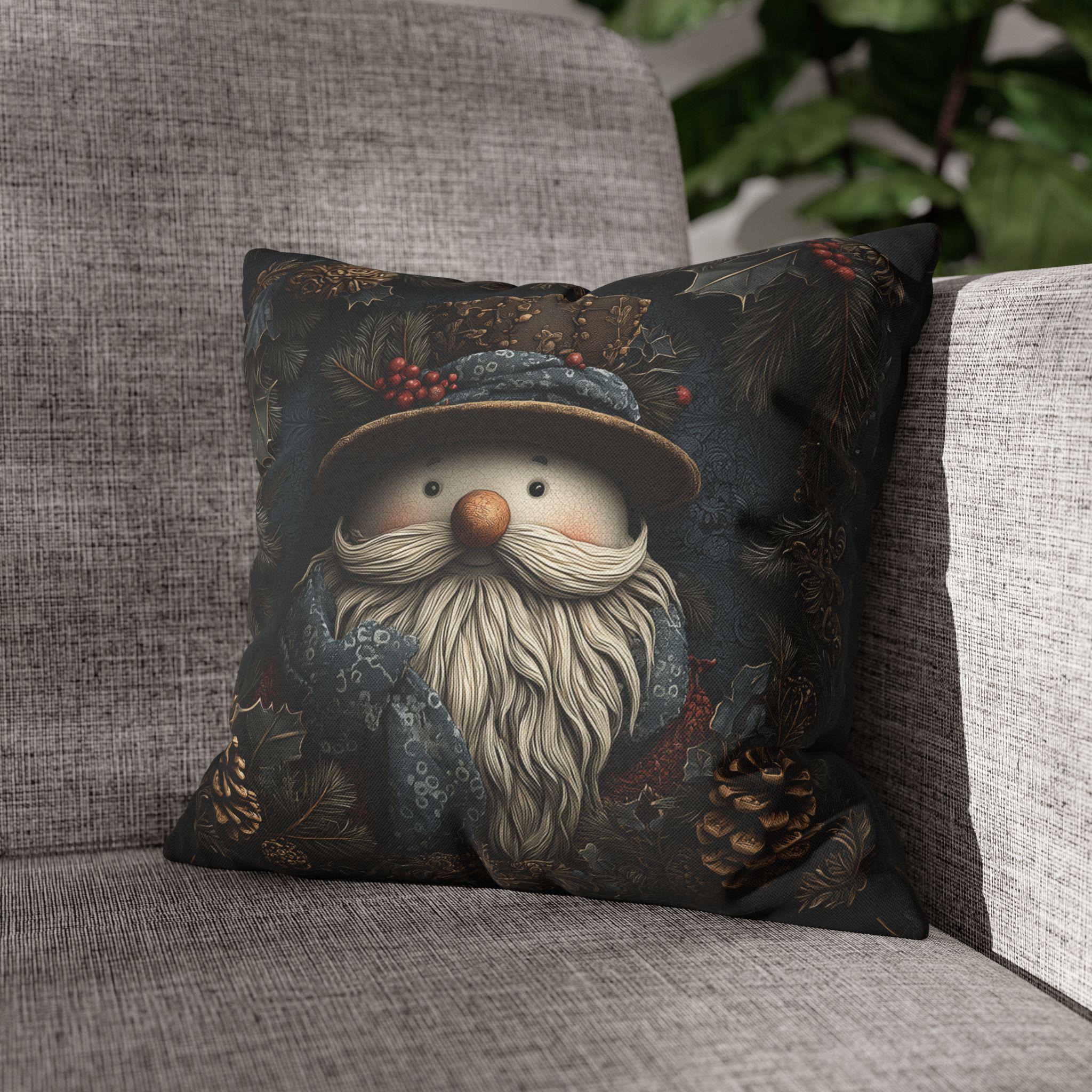 William Morris Inspired Christmas Pillow Cover: Rustic Santa Snowman Woodland Pine & Holly Illustration