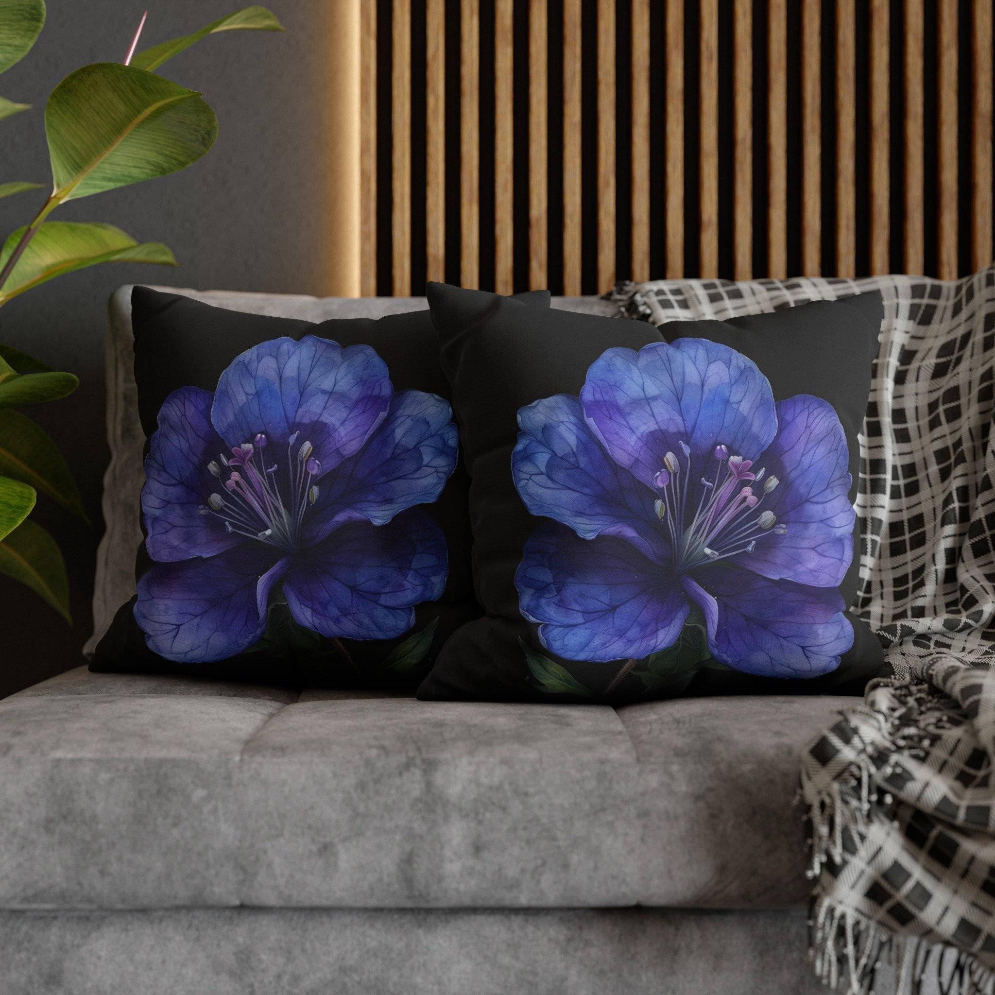 Anemone Pillow Cover: Detailed Floral Illustration, Black Background