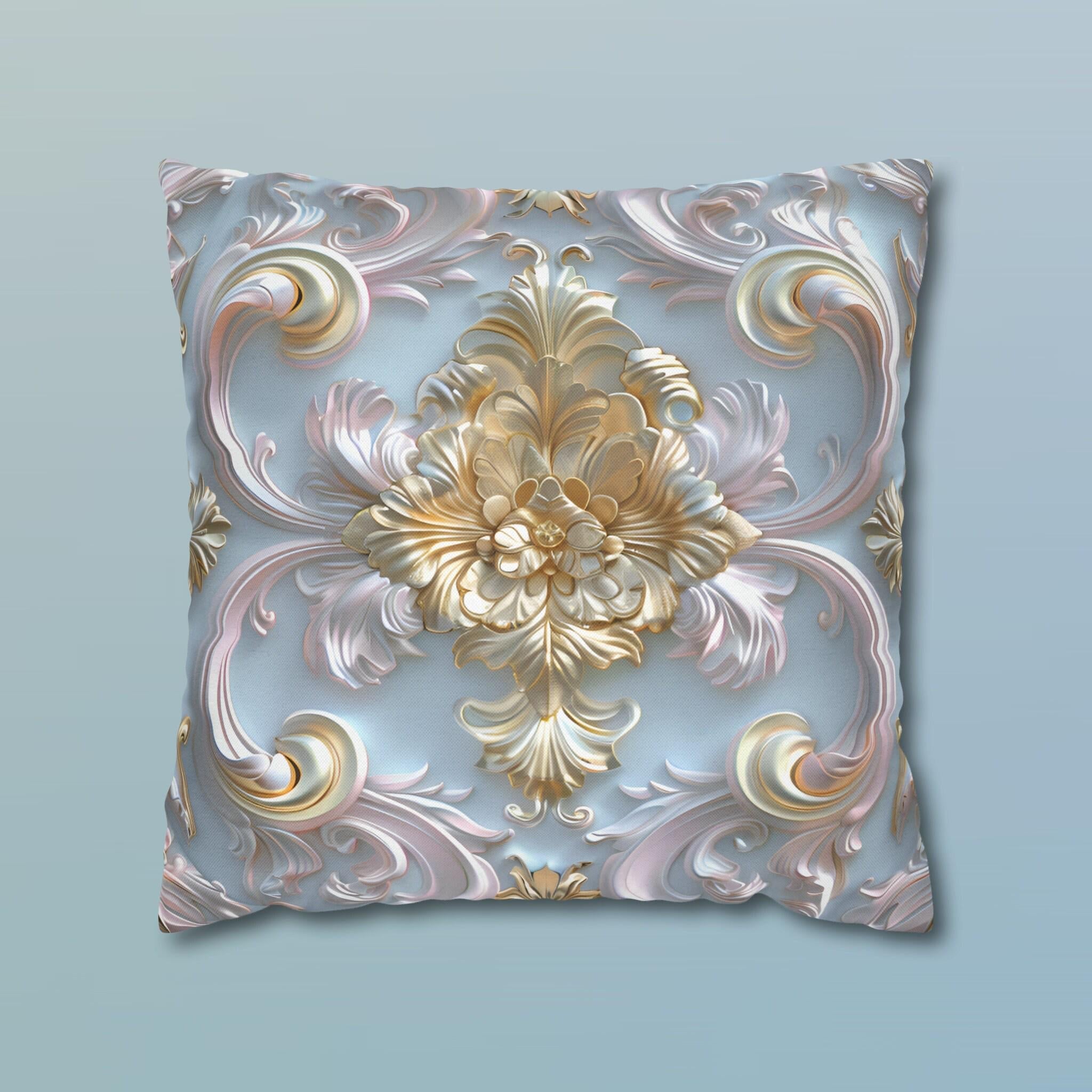 Rococo Coquette Pillow Cover: Pale Gold Floral on Pastel Blue