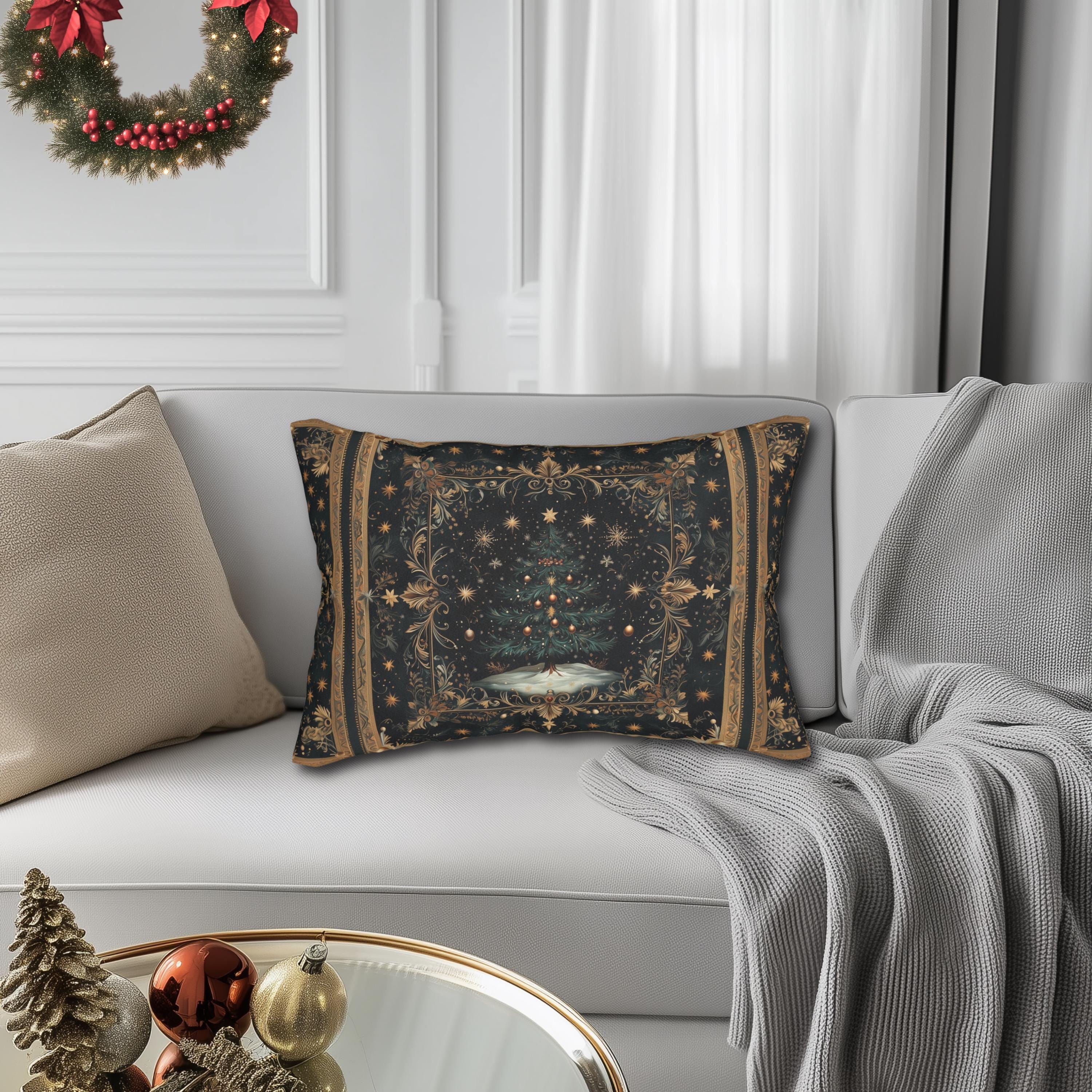 William Morris Christmas Tree Lumbar Pillow: Starry Night Holiday Decor Elegant Gold Botanical Style
