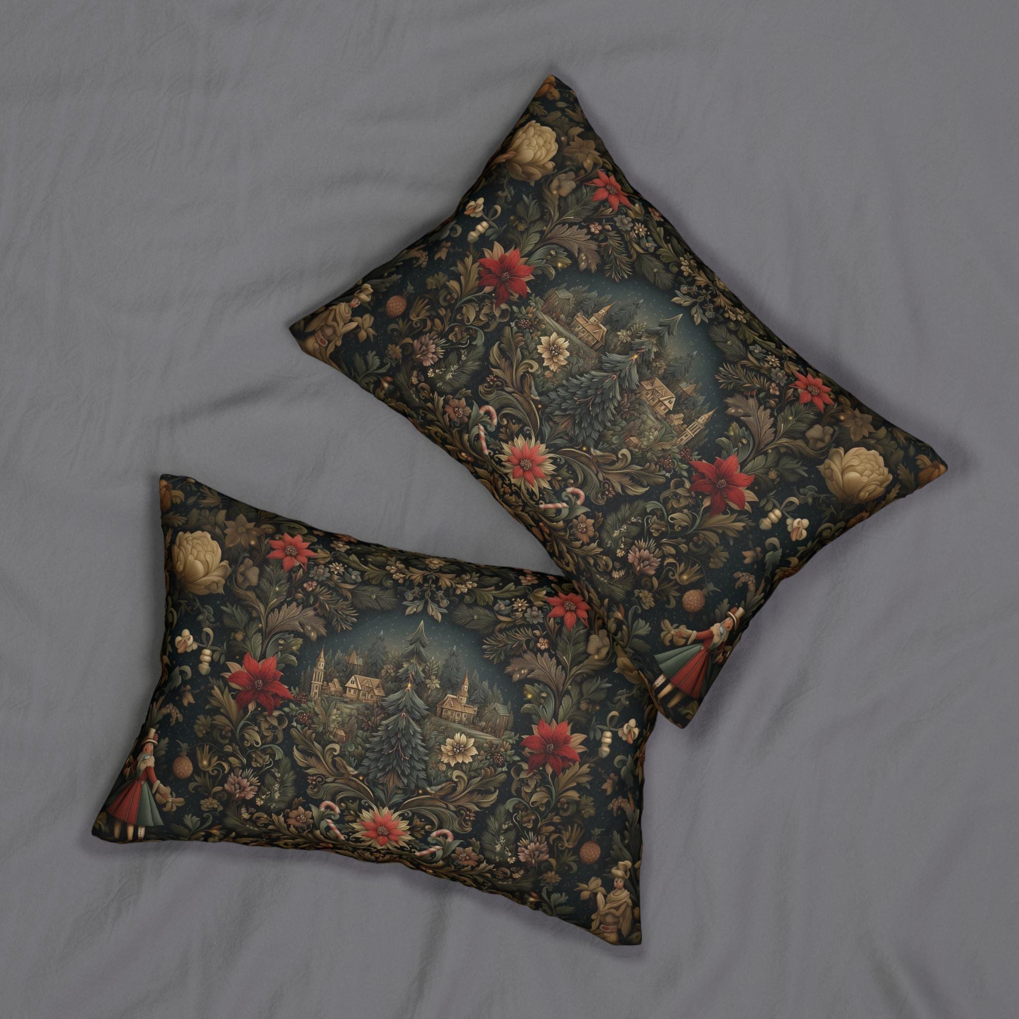 Storybook Village Christmas Lumbar Pillow: William Morris Style, Pine Green and Crimson Florals