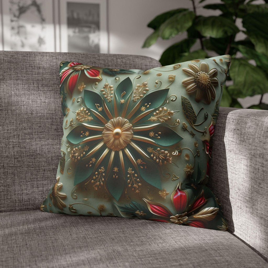 Elegant Christmas Pillow Cover: Snowflake, Poinsettias, Gold Details