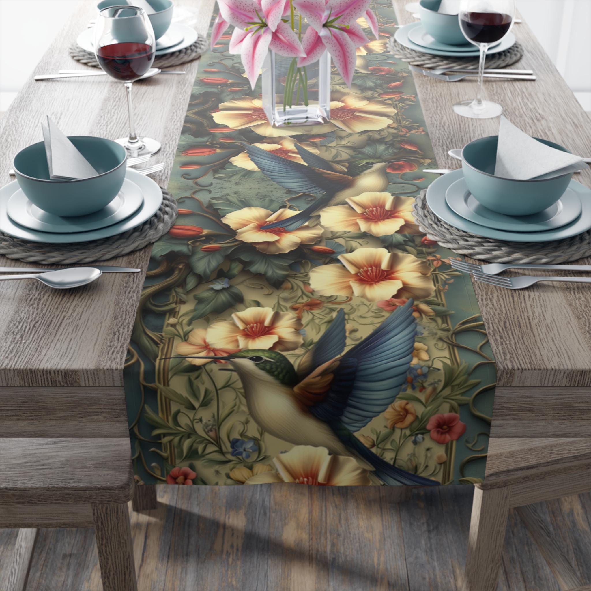 Vintage-Inspired Hummingbird Floral Table Runner: William Morris Tapestry Design for Elegant Garden Decor