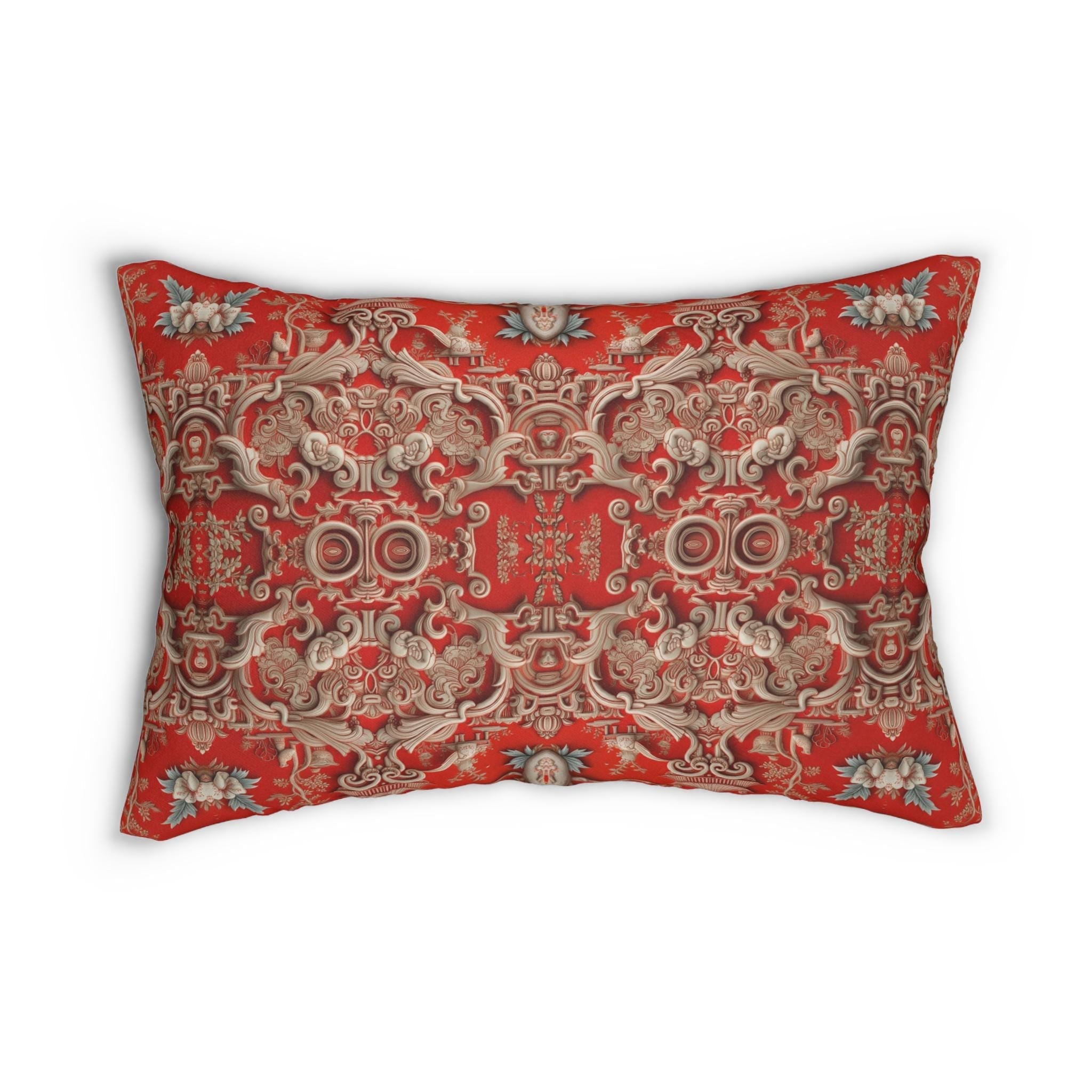 Chinoiserie Lumbar Pillow, Red Floral Oriental Decor, Vintage Style Throw Pillow