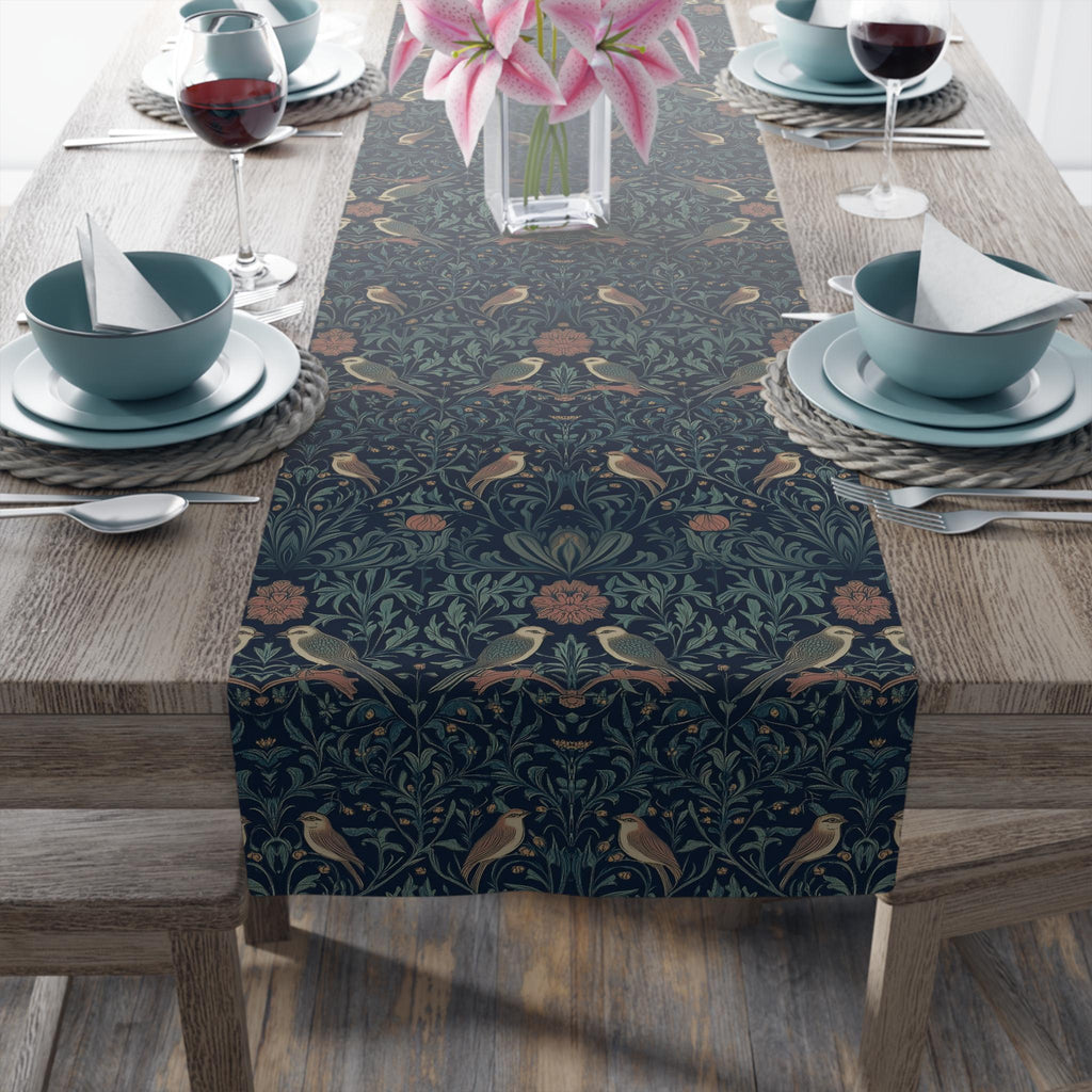 Midnight Songbirds Table Runner: William Morris Birds Pattern Revival